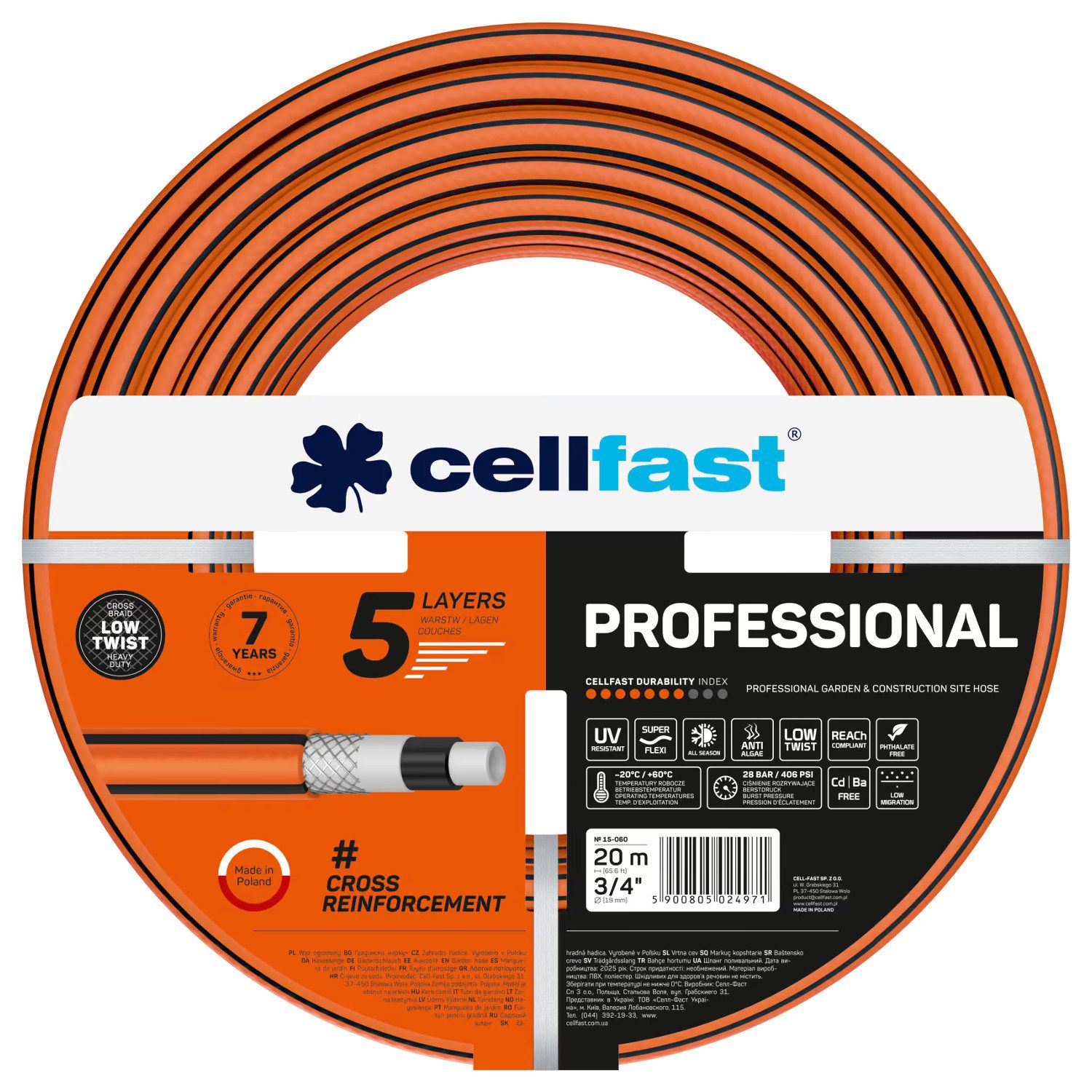 Cellfast Gartenschlauch Professional Gartenschlauch 3/4'', UV-beständig und algenabweisend