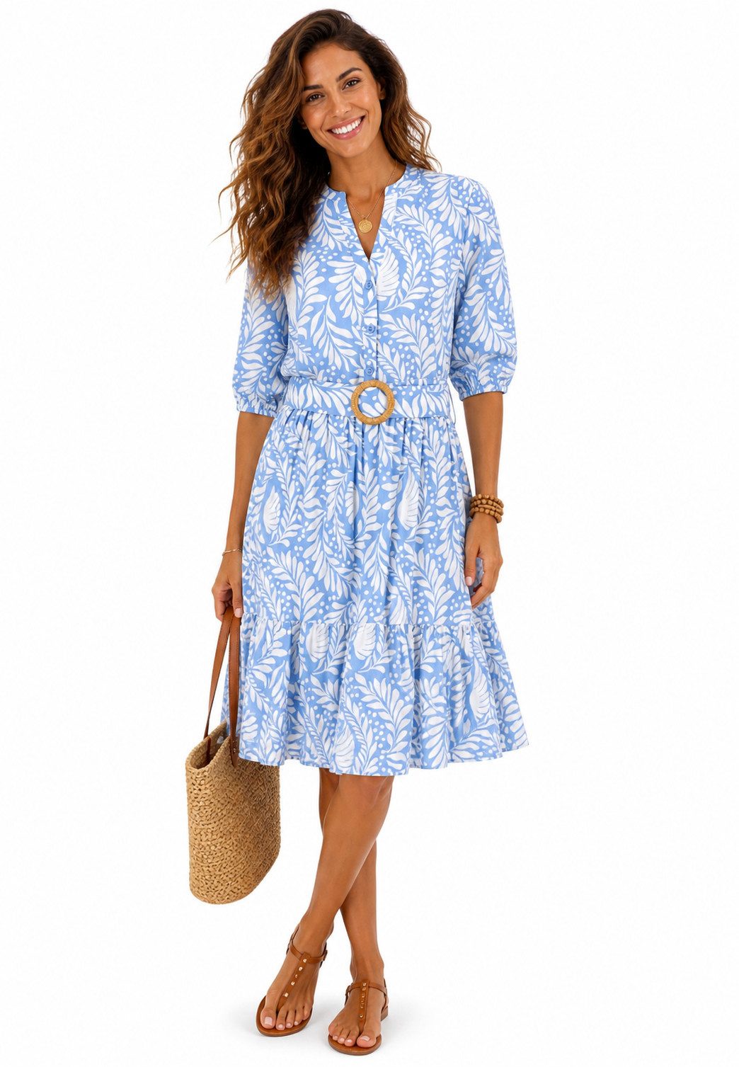 SUBLEVEL Sommerkleid Sommerkleid mit Print und Gürtel Freizeitkleid 3/4 Arm Kleid Volant