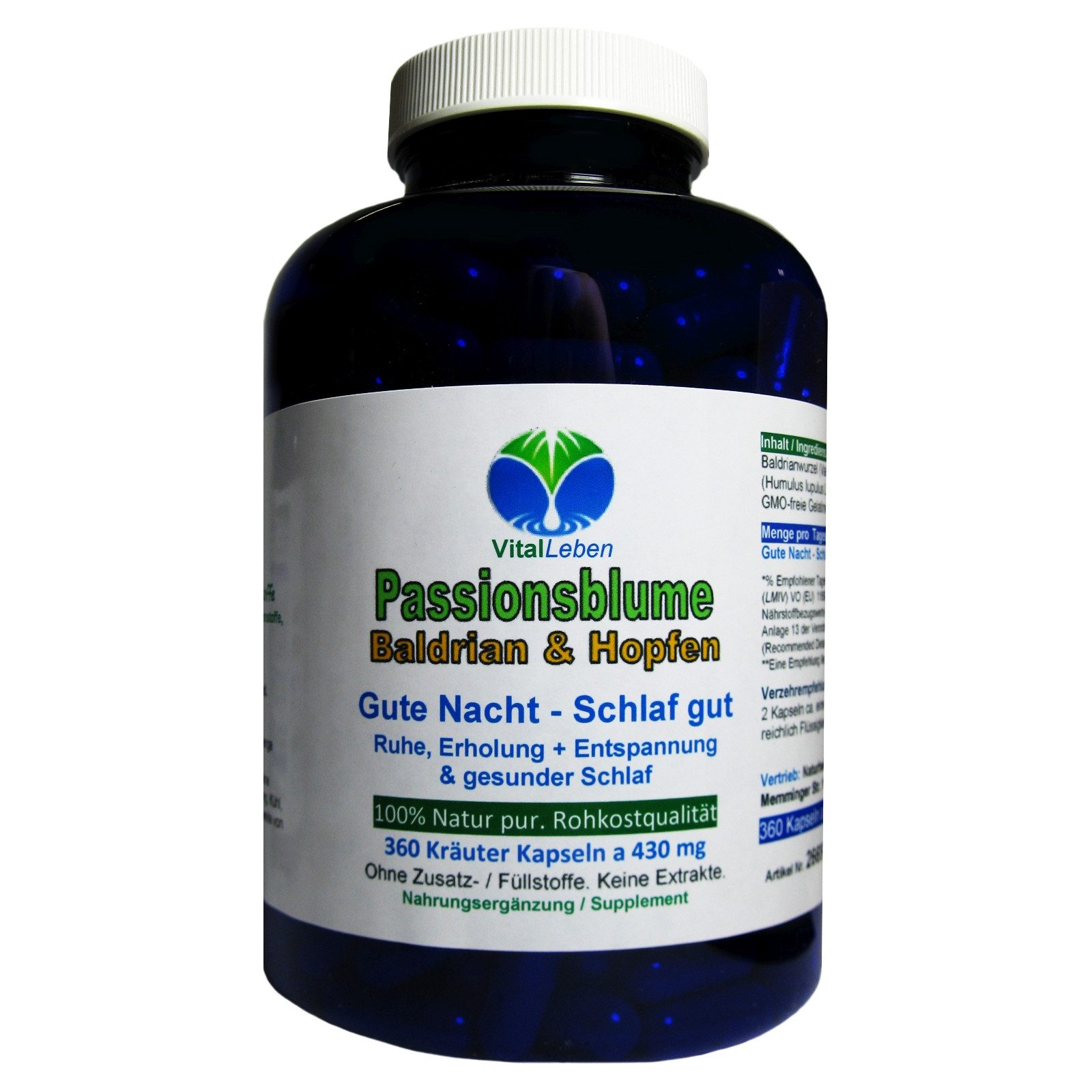 VitalLeben Baldrian Hopfen Passionsblume Pflanzen-Komplex für die Abendruhe Kapseln, 1 er Dose à 360 St., 154.8 g, Art. 26690-360
