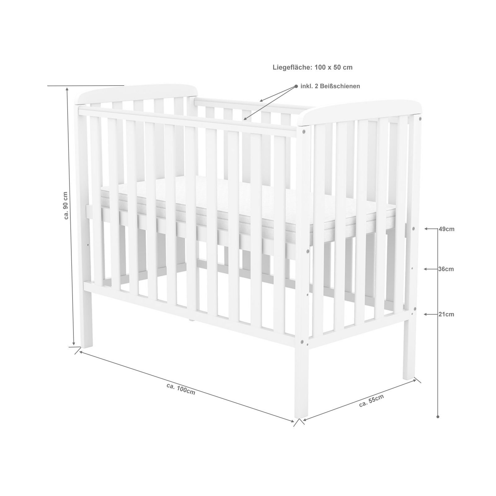 Baby-Delux Babybett Compact Beistellbett, Kinderbett 50x100 cm weiß höhenverstellbar Matratze – Bild 5 von 5