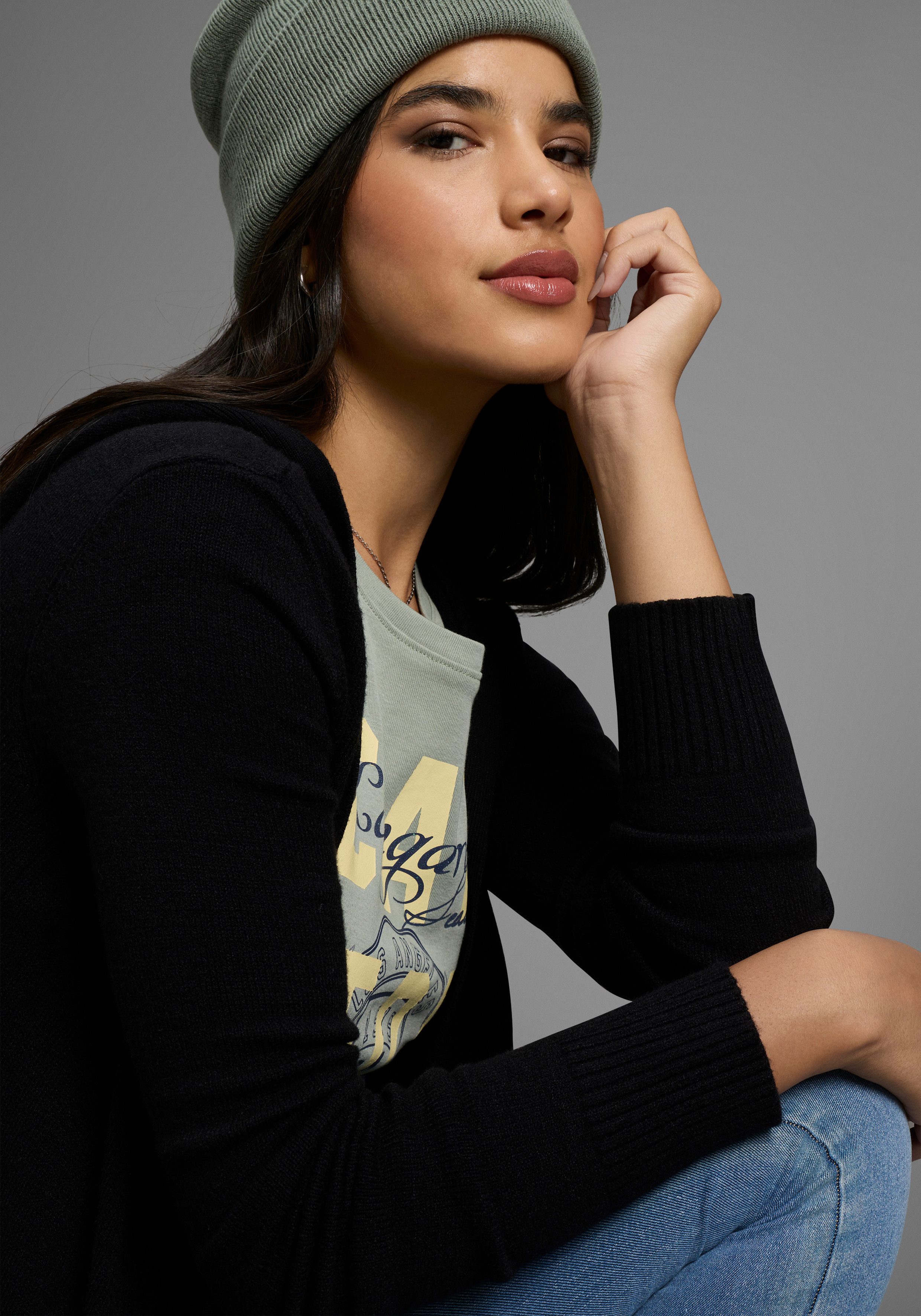 KangaROOS Longstrickjacke in offener Long-Form mit Kapuze