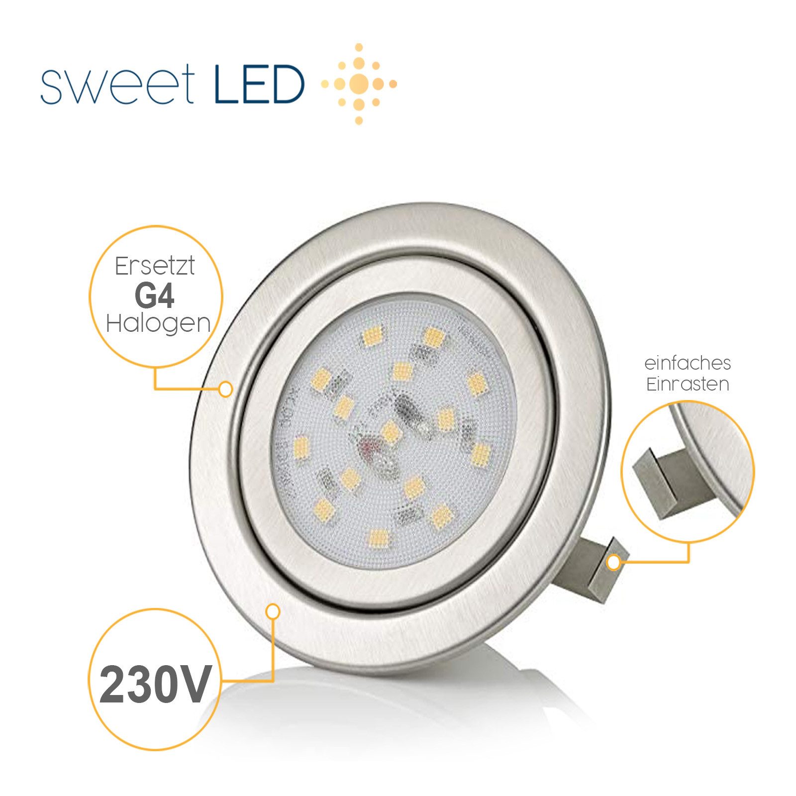 Sweet LED LED Einbaustrahler 4er Set Möbel rund chrom-gebürstet Einbauspots 230V, 3000K-Warmweiß, Deckenspots, Deckenstrahler,Einbauleuchten