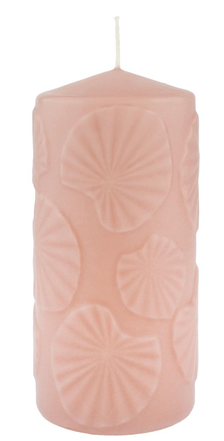 INNA-Glas Stumpenkerze Blockkerze ANDRIANE mit Seerosenblatt Motiv, rosa, 15cm, Ø7cm, 63h