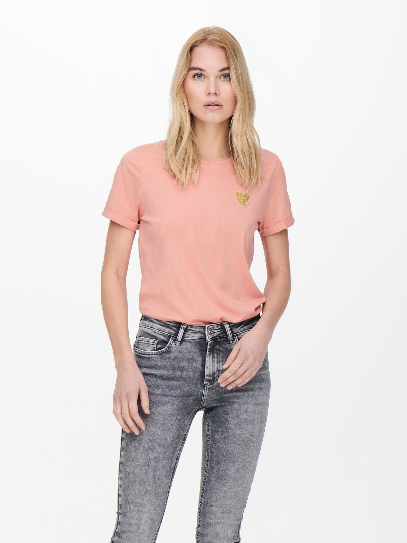 ONLY T-Shirt Einfarbiges Basic T-Shirt mit Brand Herz ONLKITA (1-tlg) 4232 in Rosa | T-Shirts