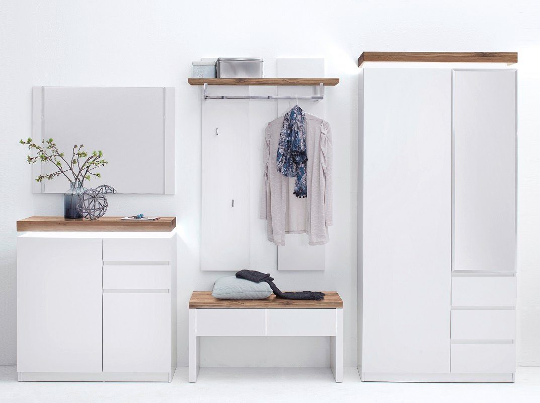 MCA Romina, massiv, matt LED Asteiche weiß furniture Schuhschrank / Garderobenschrank Beleuchtu
