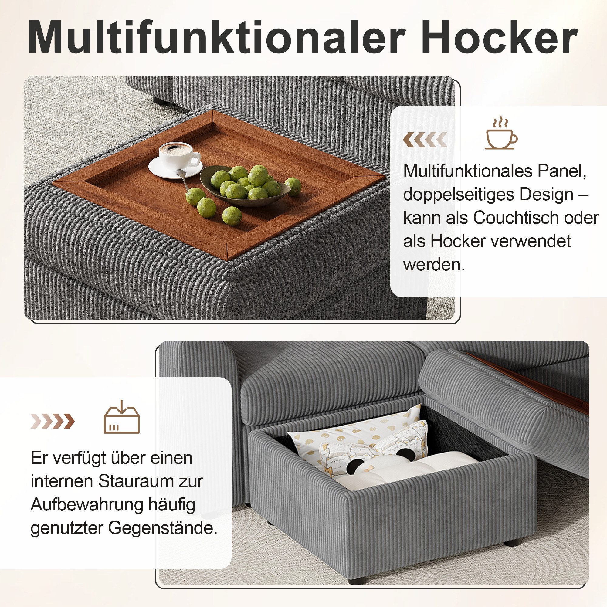 i@home Ecksofa Big-Sofa, 4-Sitzer, L-förmiges Ecksofa, Armlehnen, 1 beweglicher multifunktionaler Hocker