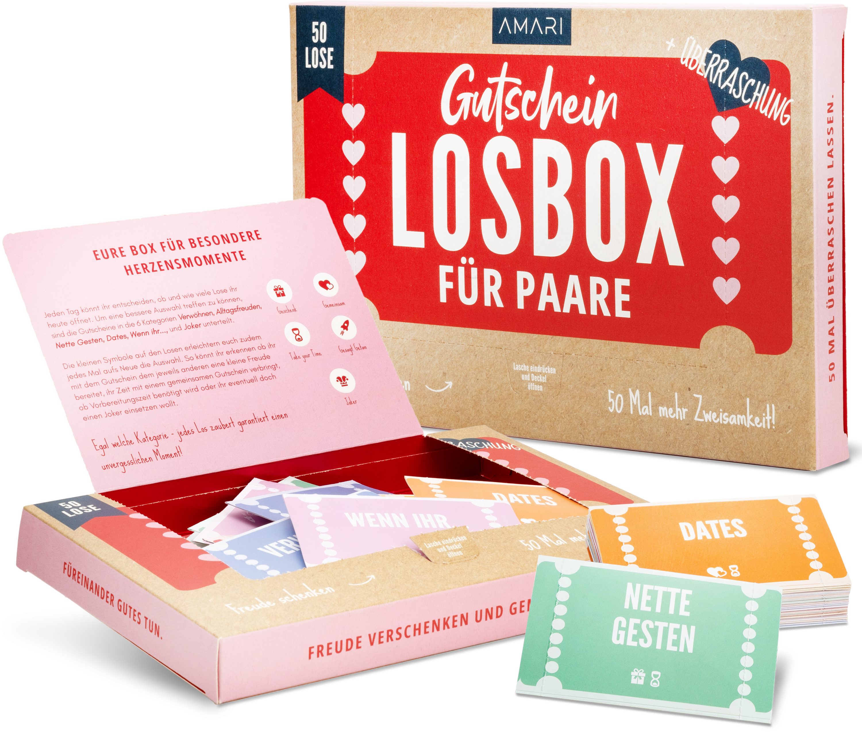Amari Spiel Gutscheinbox für Paare, 50 Gutscheine zum Einlösen, Geschenk Partner, Gutscheinbox für Paare, Valentinstag, Jahrestag, Hochzeit, Weihnachten, 6 Kategorien, für 2
