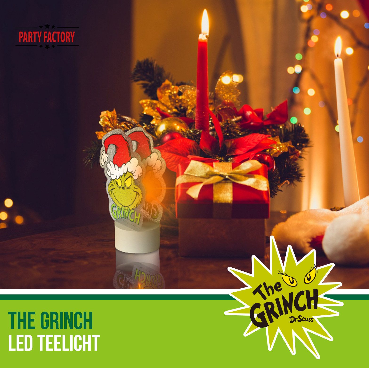Party Factory LED-Kerze The Grinch LED Teelicht – Weihnachtsdeko Figur grün rot Weihnachten