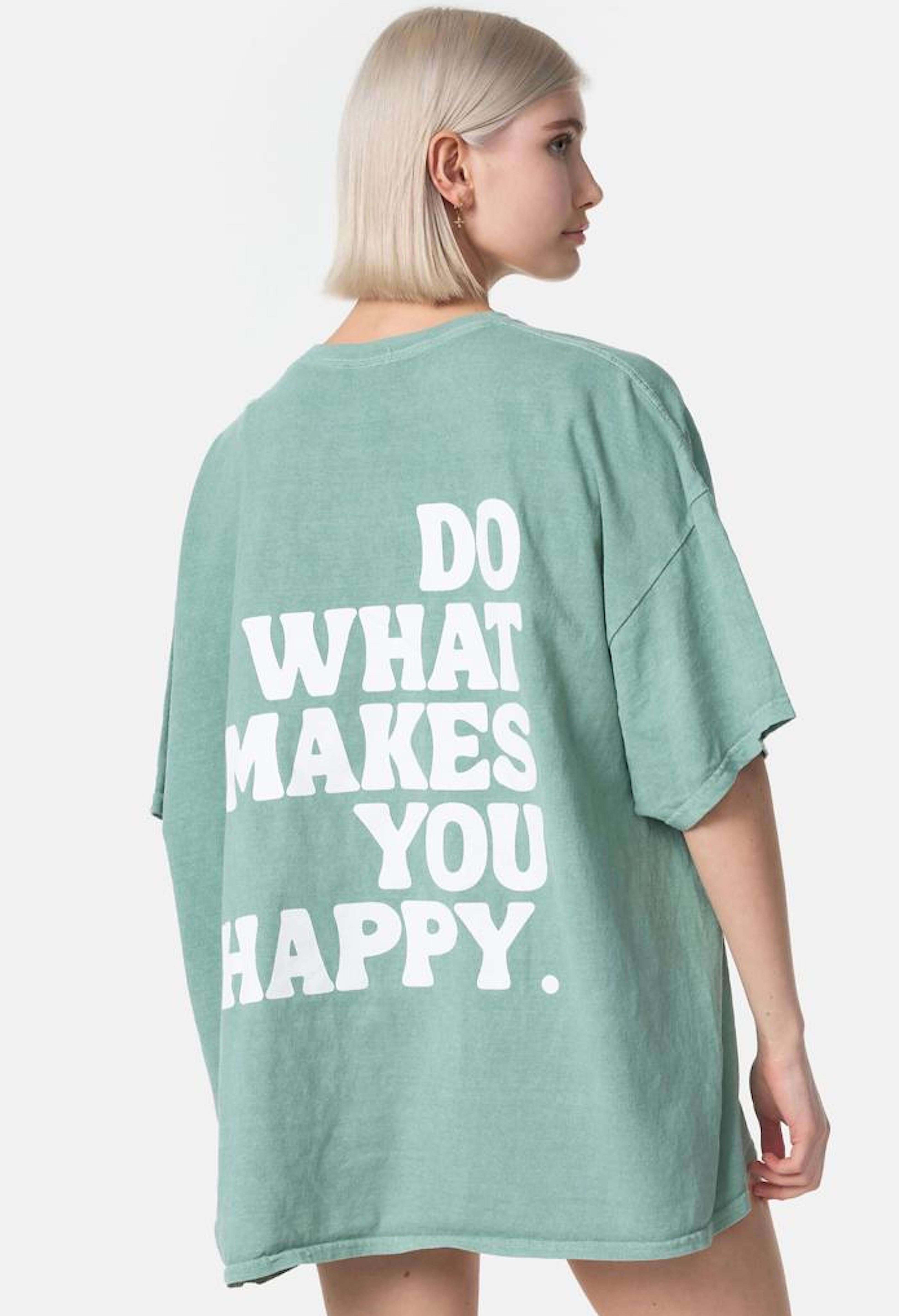 Worldclassca T-Shirt Worldclassca Oversized Print "HAPPY" T-Shirt lang Sommer Tee Oberteil Mint