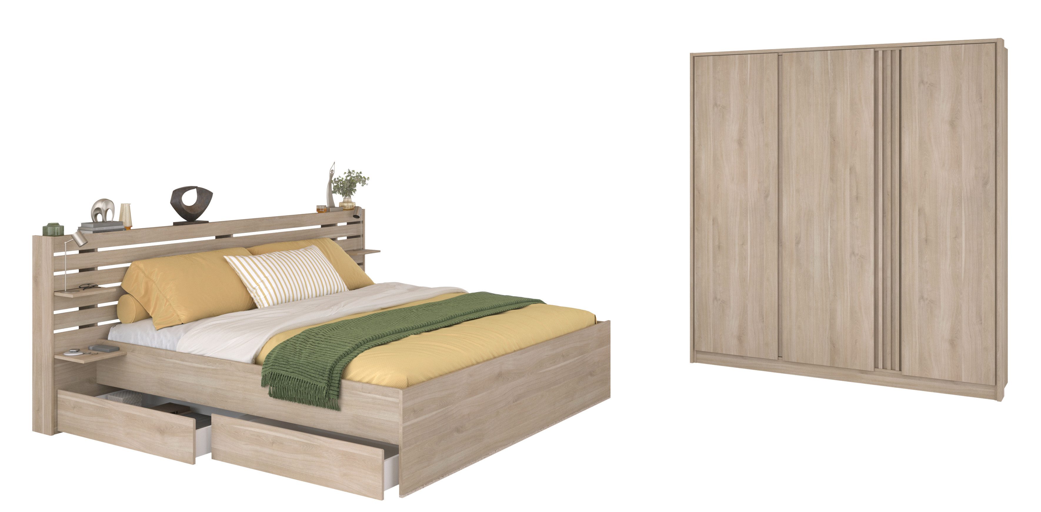 Faizee Möbel Schlafzimmer-Set Schlafzimmer Set Escale 23 von Parisot - Japanische Eiche Nachbildung