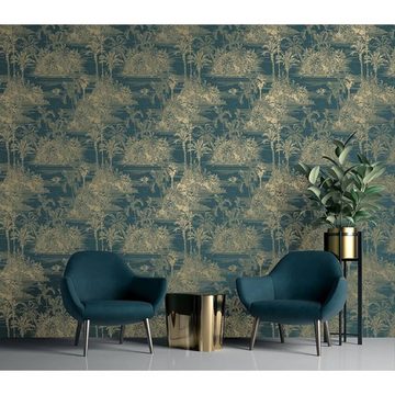 DUTCH WALLCOVERINGS Fototapete Tapete Tropical Dunkelblau und Golden, (1 St)