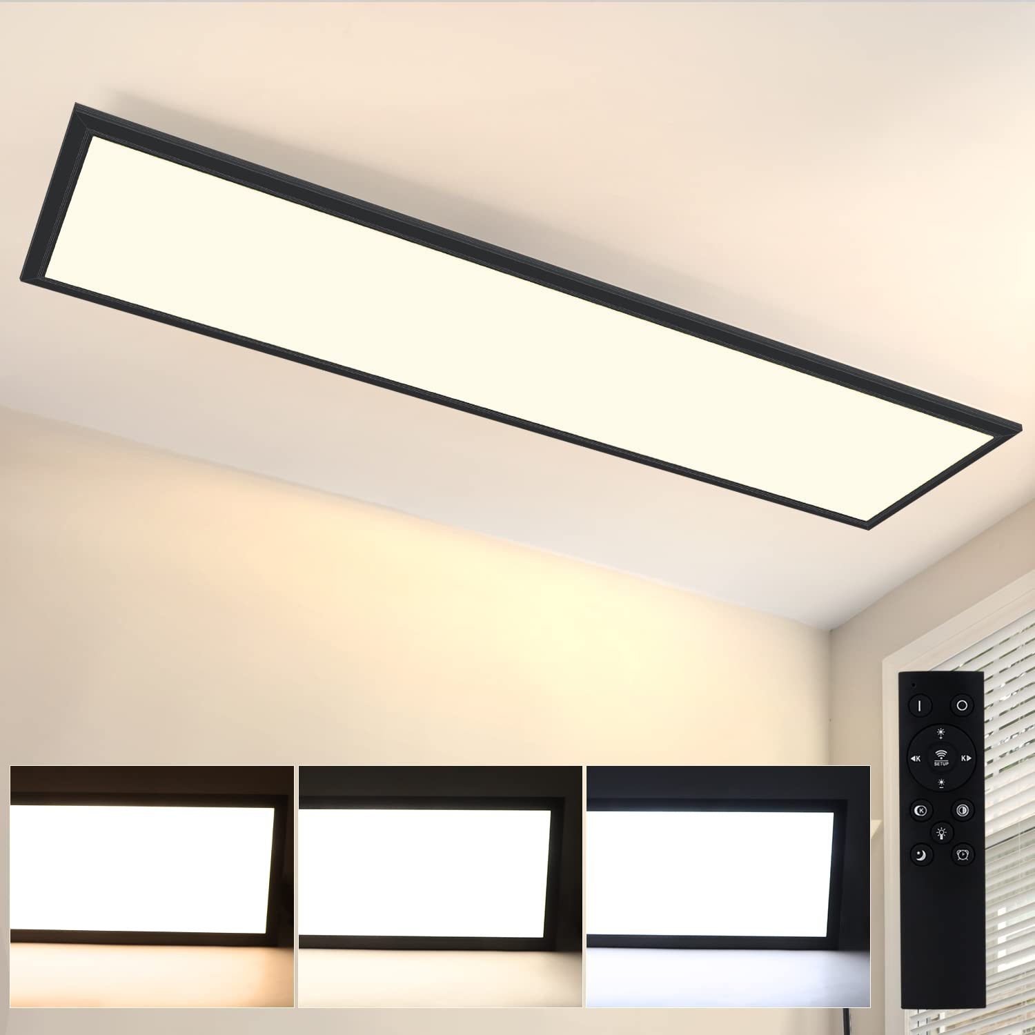 ZMH LED integriert, 3840lm, mit Dimmbar, Schwarz Dimmbar warmweiß-kaltweiß, 120cm Deckenlampe 48W, Wohnzimmerlampe LED fest Fernbedienung, Deckenpanel cm Panel 120x30