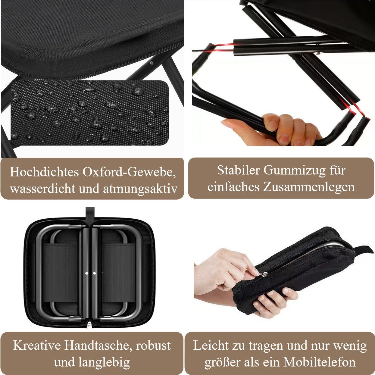 Jumpeak Klappstuhl Kreative Handtasche Klappbarer Hocker, Outdoor Tragbarer Hocker,Hocker, Aus verdicktem Kohlenstoffstahl,schwarz,Khaki,26x28.5cm,29x31cm