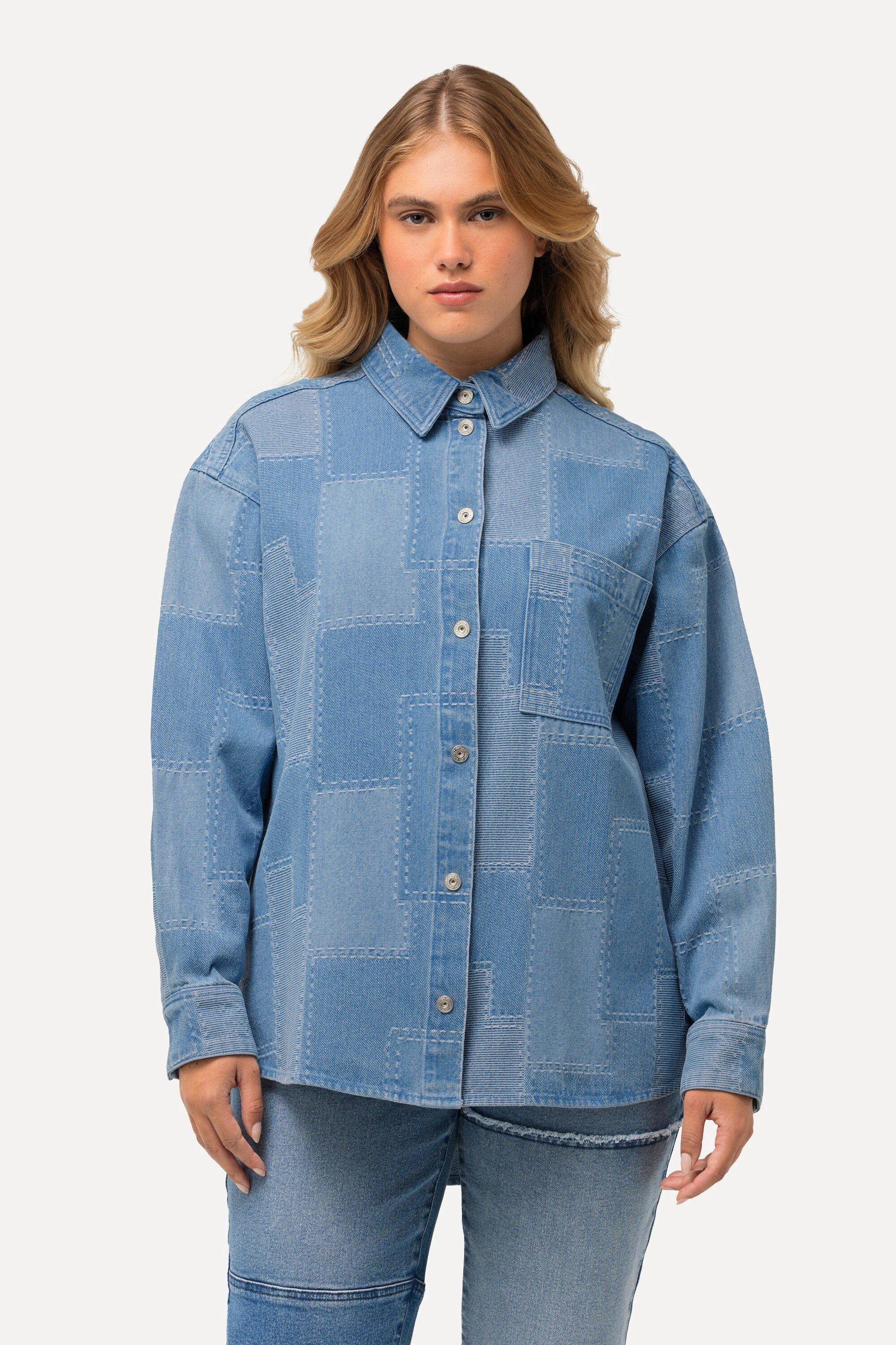 Ulla Popken Sommerjacke Jeanshemd Patchlook Oversized Hemdkragen Langarm günstig online kaufen