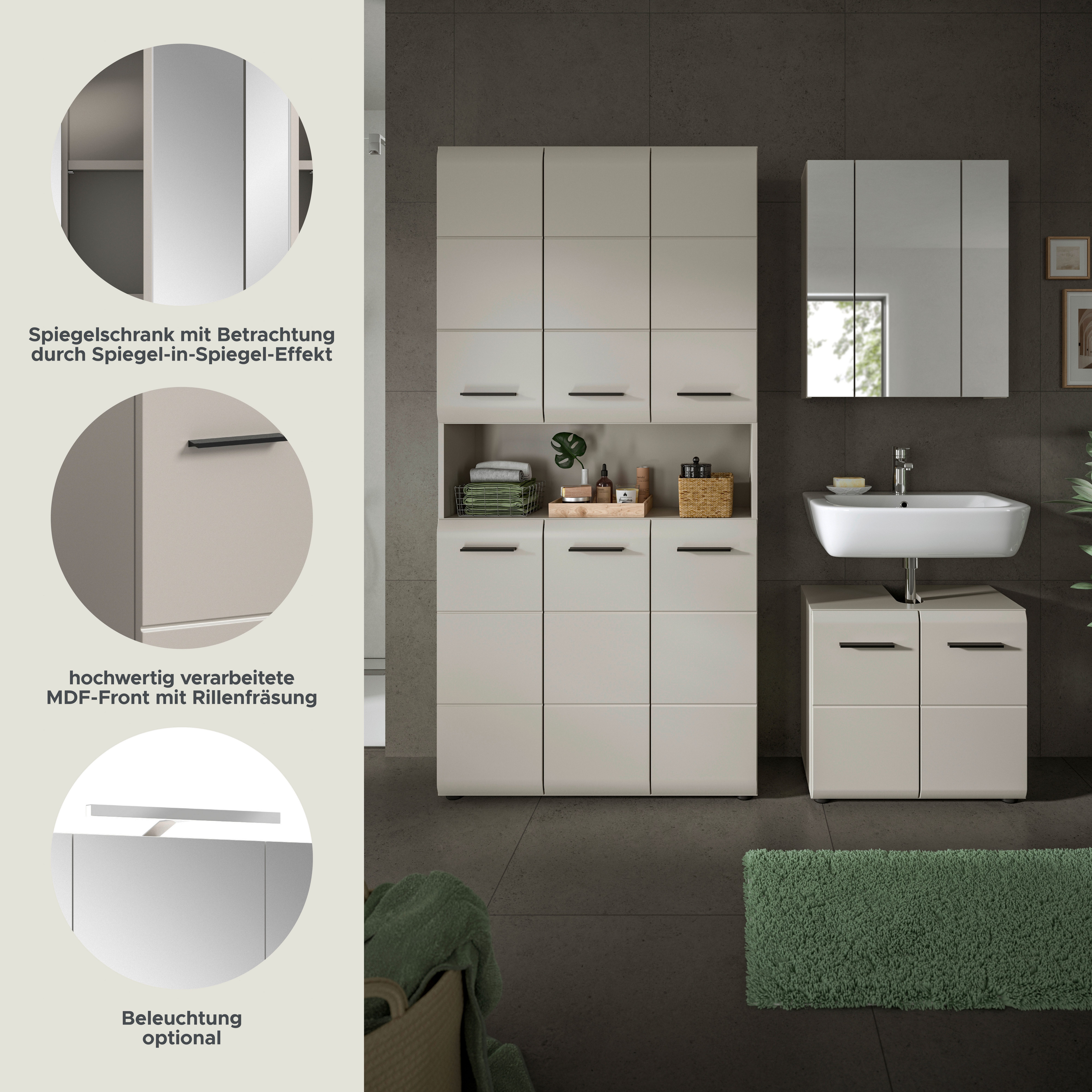 welltime Badezimmer-Set, (Set, 4-St., Stauraumschrank, WBU, Spiegelschrank), Bad-Kombination, Bad-Möbel, Badezimmer, Kombination, Kombi