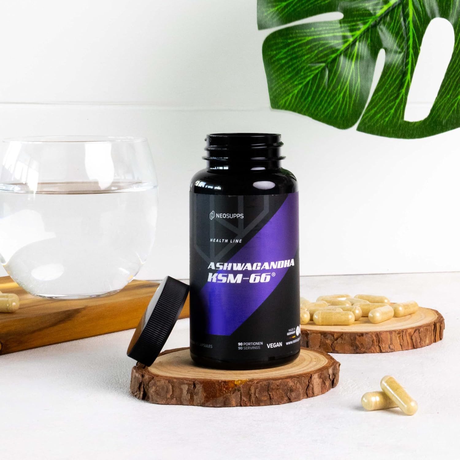 Neosupps Ashwagandha KSM-66, 100% Wurzelextrakt mit 5% Withanoliden, 90 Kapseln, Unterstützt Blutzuckerspiegel, Energie & mentale Klarheit, Vegan
