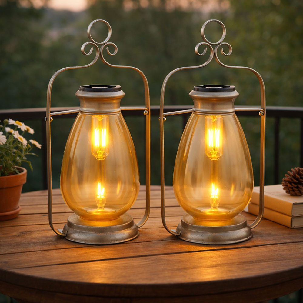 GLOBO LIGHTING LED Solarleuchte, LED-Leuchtmittel fest verbaut, Warmweiß, 2x Solarleuchte Laterne Außenlampe LED Gartendeko Glas amber