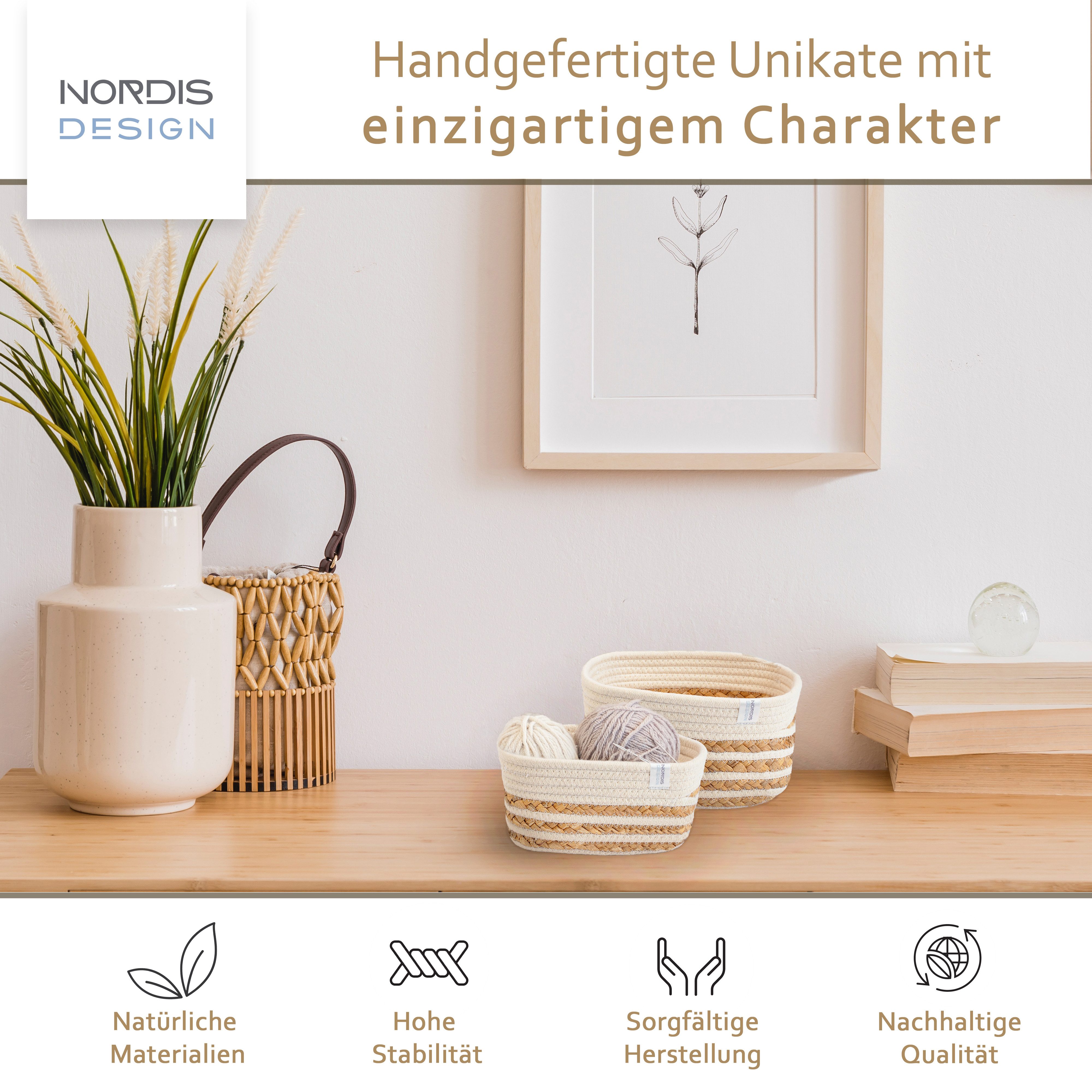 NORDIS DESIGN Aufbewahrungskorb Set "Alea" aus natürlicher Baumwolle und Wasserhyazinthe, (3er-Set), Dekokorb geflochten für Bad, Kinderzimmer und Schlafzimmer