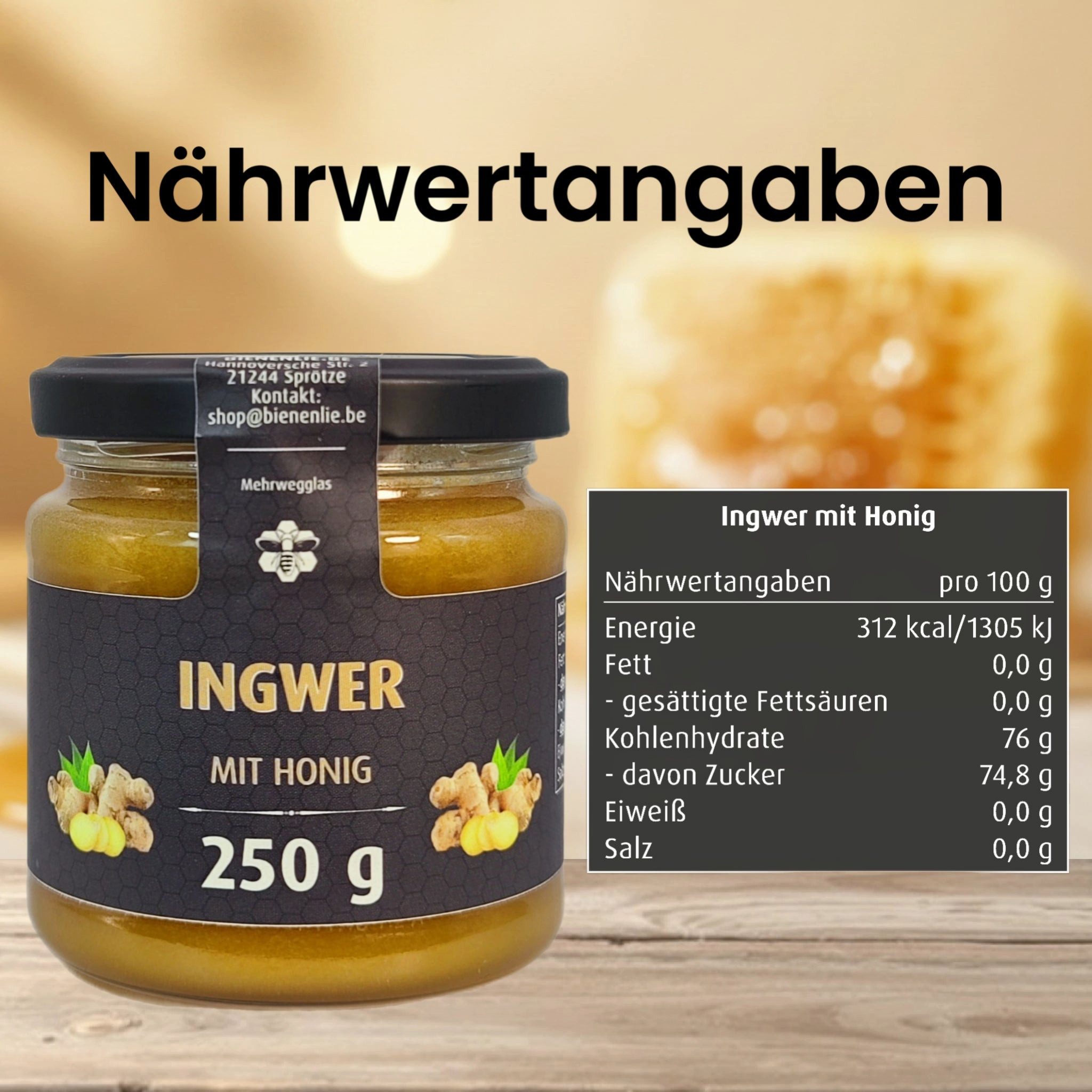 Imkerei BienenLie.be Honig Ingwer mit Honig - würzig & leicht scharf, 250g, 1 x 250 g, 1 St.