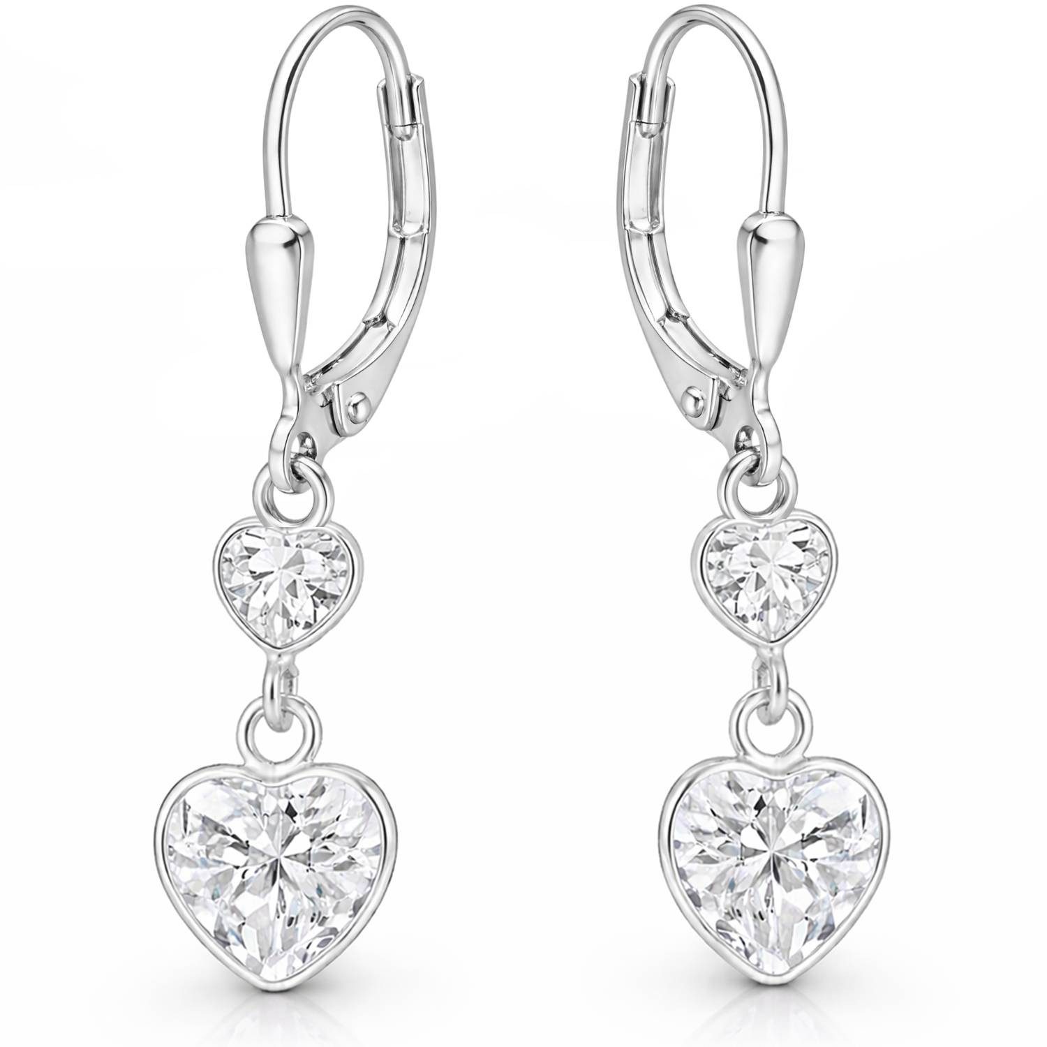 Goldene Hufeisen Paar Ohrhänger Zirkonia Herz Herzchen Brisur Ohrringe aus 925 Sterling Silber (1 Paar, inkl. Etui), Damen Mädchen Hängeohrringe