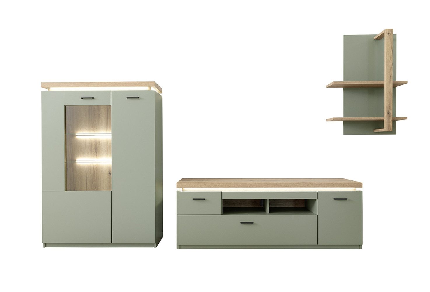 MCA furniture Wohnwand (3-teilig) mit LED, Salbei grün/Eiche Evoke Dekor - 324x198x44 (BxHxT)