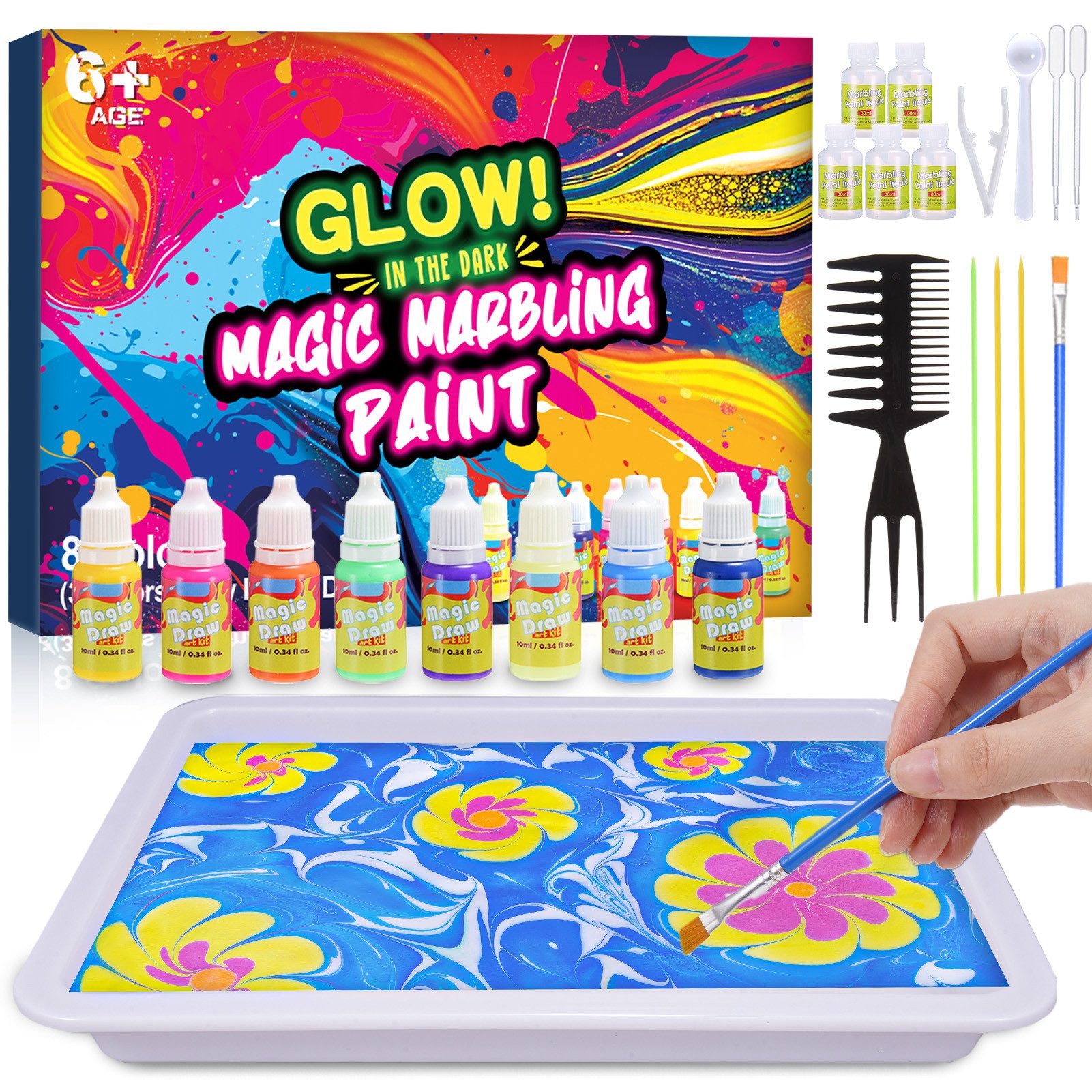 Wootoy Kreativset Wasser-Marmorierfarben Set DIY Mal- und Kunstset Kreativ-Bastelset, (mit 8 Farben 20 Blättern 9 Werkzeugen und A5-Tablett, 1-tlg., Fördert Kreativität Konzentration Feinmotorik durch Experimentieren), Geschenkset für Kinder die Kunst Far