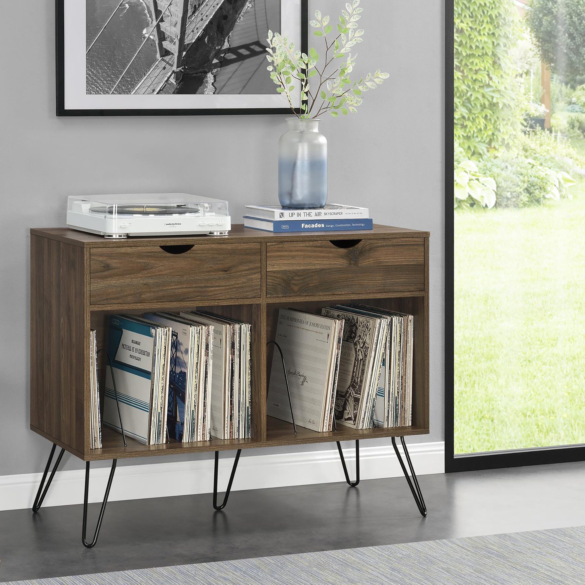 loft24 Kommode Harmony - Schallplattenständer Plattenspieler-Ständer Phonomöbel, 2 Schubladen, 6 Fächer für Schallplatten, Metallbeine Stecknadelbeine