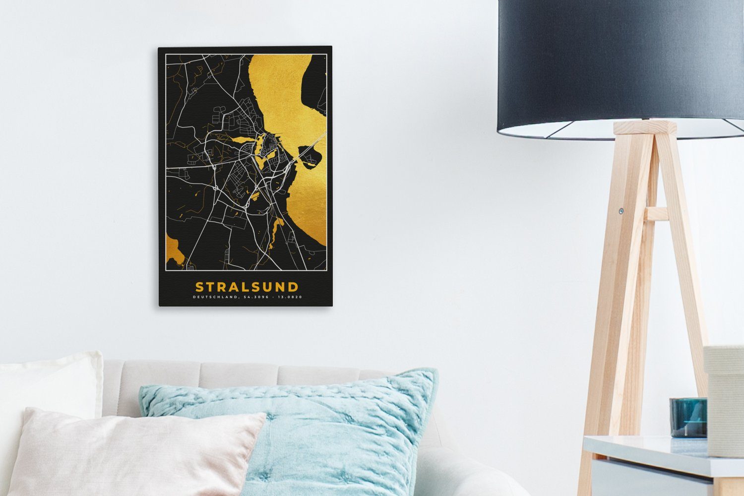 OneMillionCanvasses® Leinwandbild Stralsund fertig bespannt St), - Leinwandbild 20x30 Deutschland, - cm Gold Stadtplan Karte Gemälde, inkl. Zackenaufhänger, - - (1