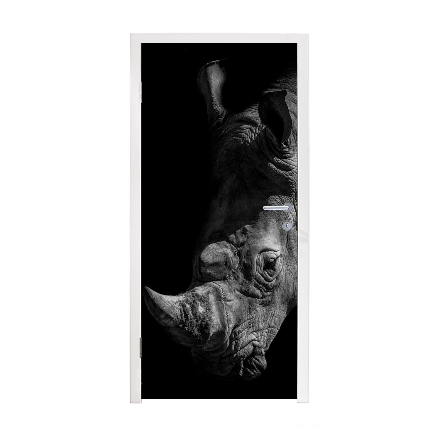MuchoWow Türtapete Nahaufnahme eines Nashorns auf schwarzem Hintergrund, Matt, bedruckt, (1 St), Fototapete für Tür, Türaufkleber, 75x205 cm