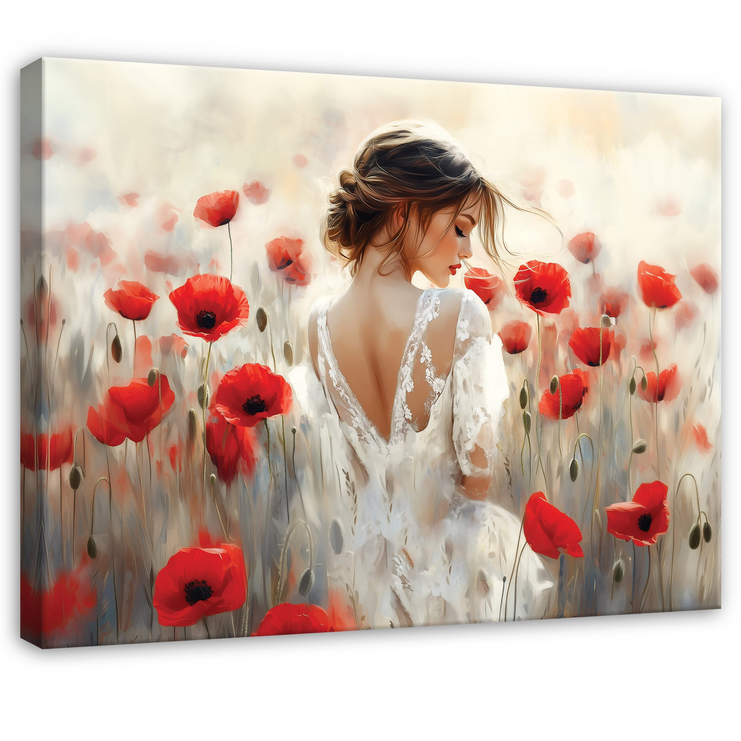 Wallarena Leinwandbild Frau Mohnblumen Rot Natur Wiese Modern Wandbilder Wa günstig online kaufen