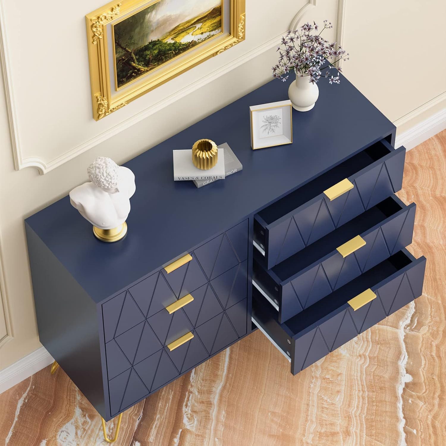 UEV Kommode mit 6 Schubladen, Sideboard für Wohnzimmer Schlafzimmer (Highboard, Sideboard mit Schubladen, Schmal kommode, 100 x 34 x 73 cm Mehrzweckschrank), Küchenschrank Buffet TV Board Schrank mit Füße Aufbewahrungsschrank