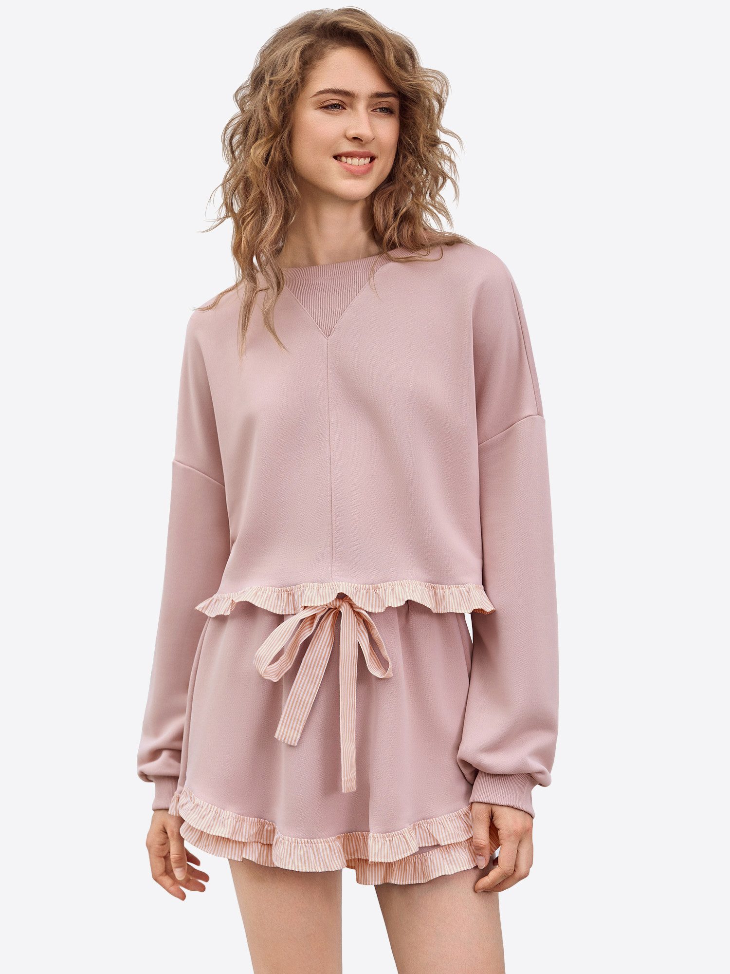 Imily Bela Freizeitanzug Damen 2-teilige Lässige Freizeitset (Set, 2-tlg., Sweatshirt+Shorts), Rüschen Besatzung
