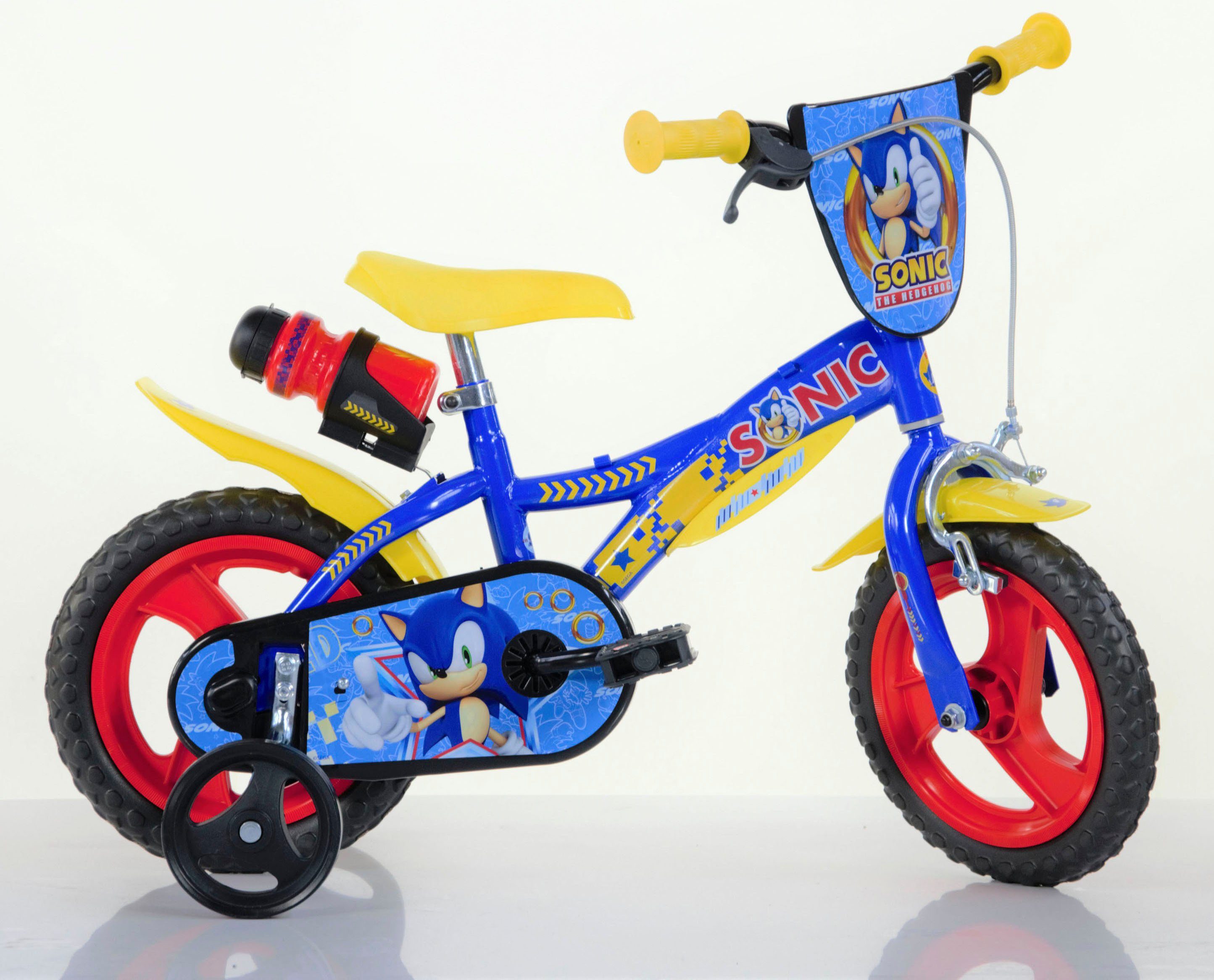 Dino Bikes Kinderfahrrad 12" Sonic Jungenfahrrad stabiler Stahl-Rahmen, Stützräder, kindgerecht, 1 Gang, mit Stützrädern, Trinkflasche und Frontschild