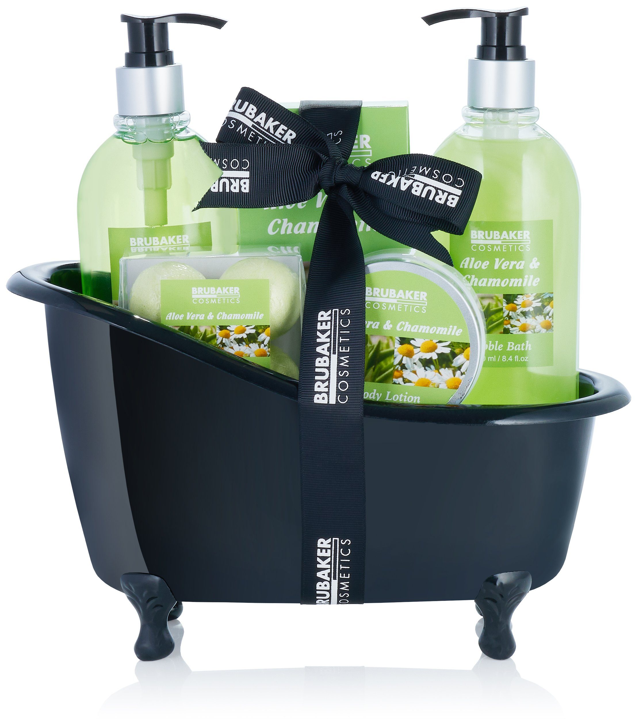 BRUBAKER Hautreinigungs-Set Bade- und Dusch Set mit Aloe Vera & Kamille Duft, Pflegeset, 9-tlg., Frauen Wellness Geschenkset mit Deko Badewanne Schwarz, Badeset