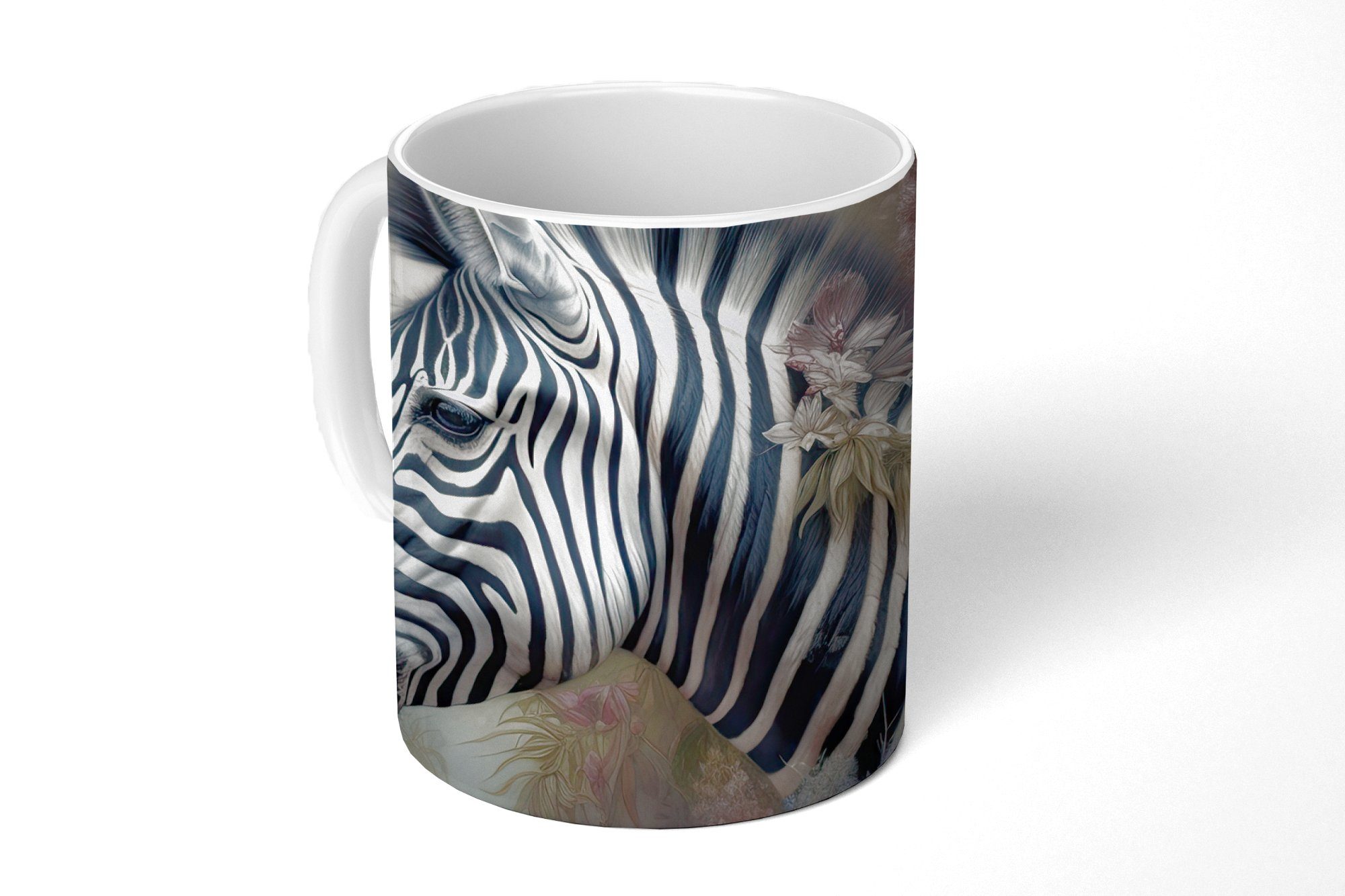 MuchoWow Tasse Zebra - Wilde Tiere - Schmetterling - Blumen, Keramik, Kaffeetassen, Teetasse, Becher, Teetasse, Geschenk