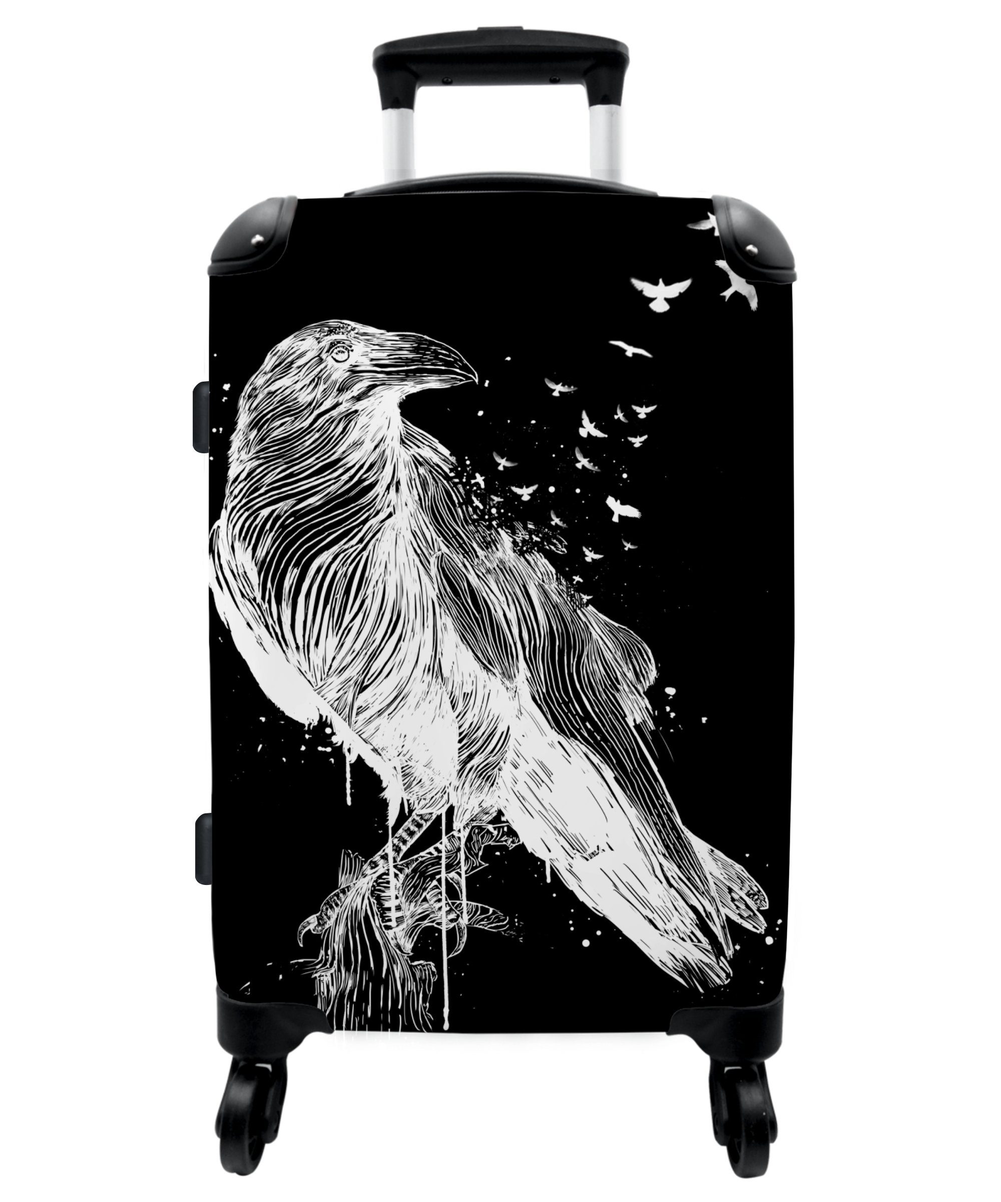 NoBoringSuitcases.com© Koffer 67x43x25cm Krähe - Vogel - Schwarz - Weiß, 4 Rollen, Aufgabegepäck Trolley Rollkoffer Große Reisekoffer mit 4 Rollen -