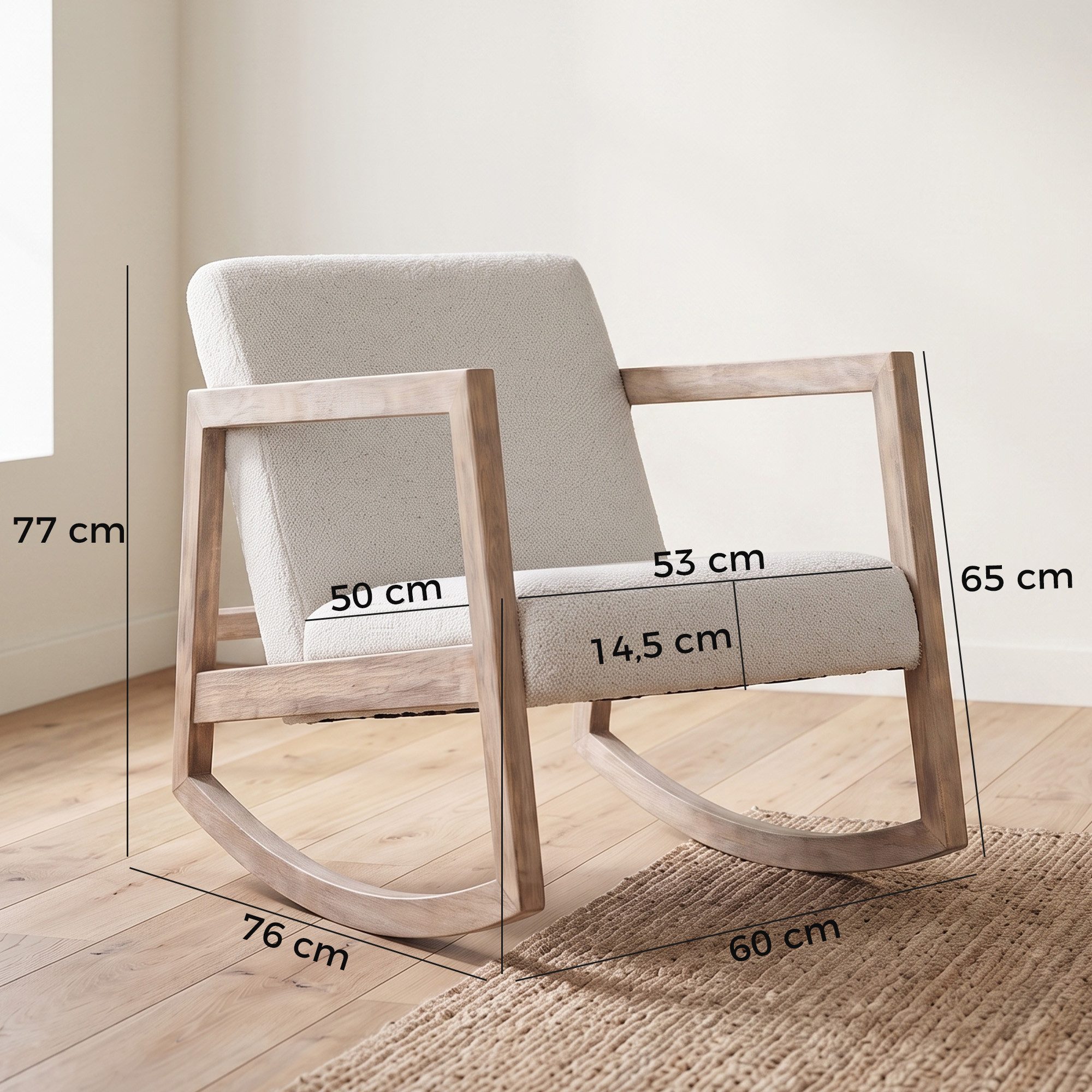 HOMCOM Schaukelstuhl gepolstert Relaxstuhl mit Holzrahmen (Loungesessel, 1 St), Kautschukholz Cremeweiß 60 x 76 x 77 cm