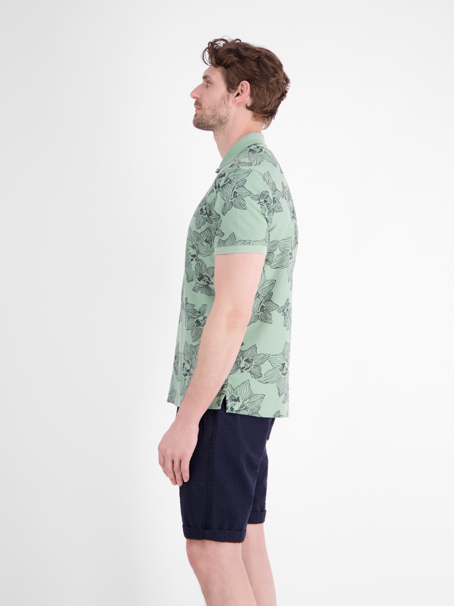 LERROS Poloshirt Poloshirt mit floralem Allover-Print und Flachstrickkragen – Bild 4 von 5