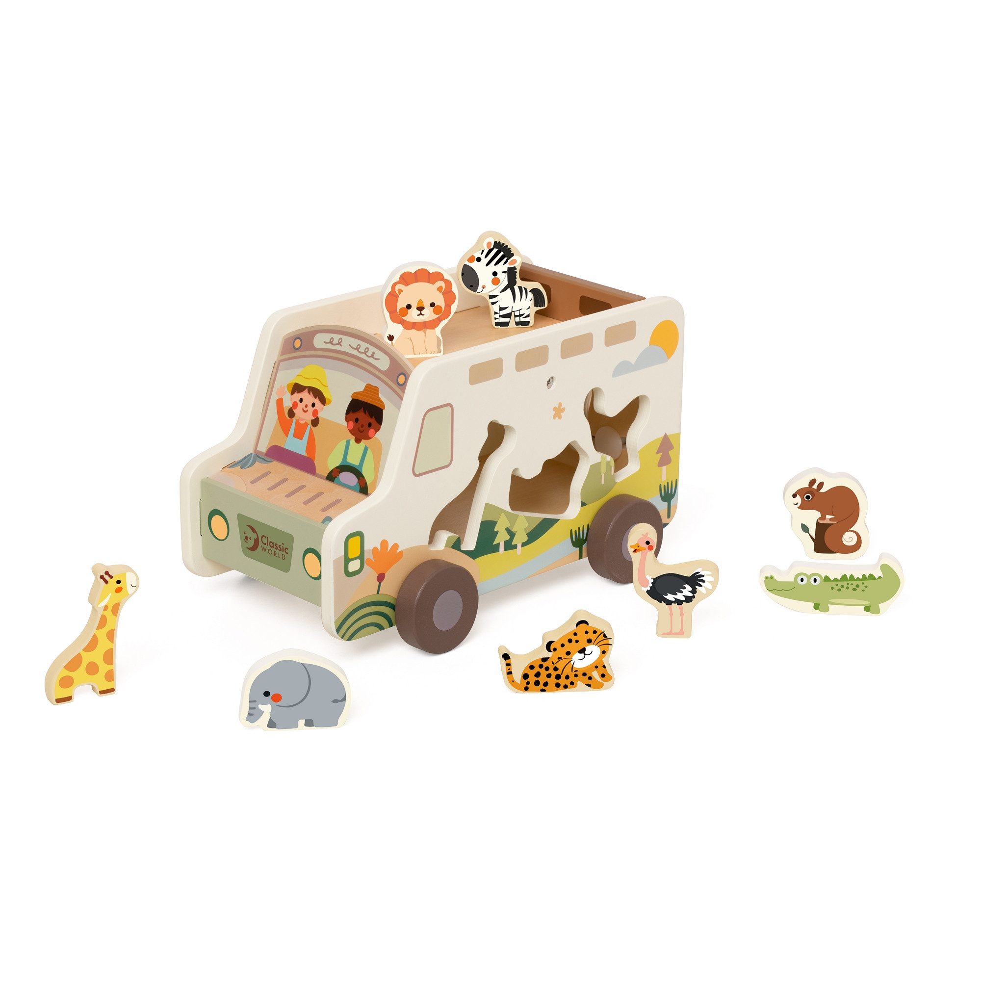 Classic World Steckspielzeug Classic World - Steckspiellaster Safari - 25,9x15,6x15,6cm +18M, Aus Holz.