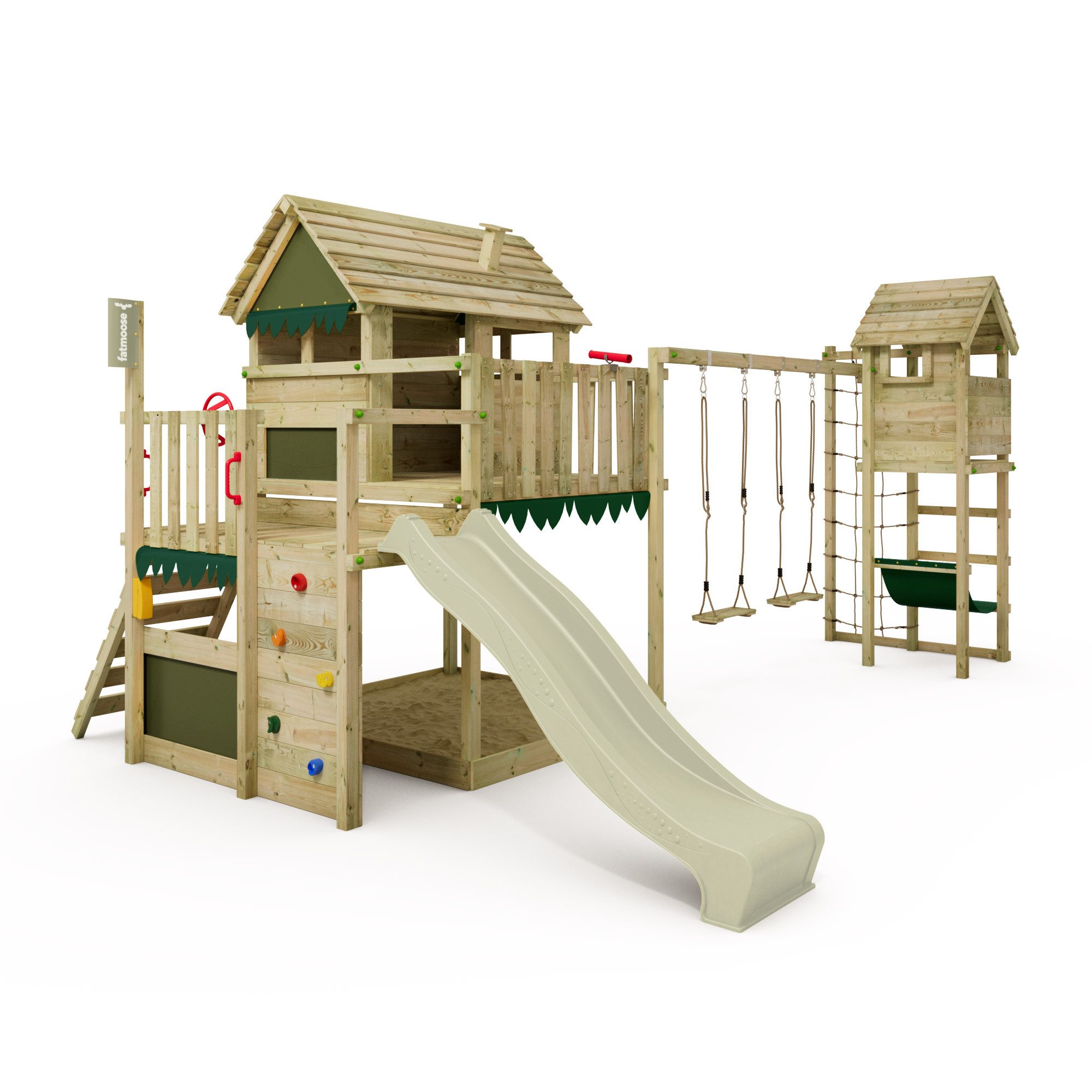FATMOOSE Klettergerüst MightyMansion Move XXL Stelzenhaus mit TowerSwing und Spielhaus, (Stelzenhaus mitLadentheke, Markise und großem Spielhaus, Dschungelabenteuer Spielhaus mit Rennlenker, Teleskop und Telefon), Wellenrutsche mit Wasseranschluss, langlebig - 10 Jahre Garantie*