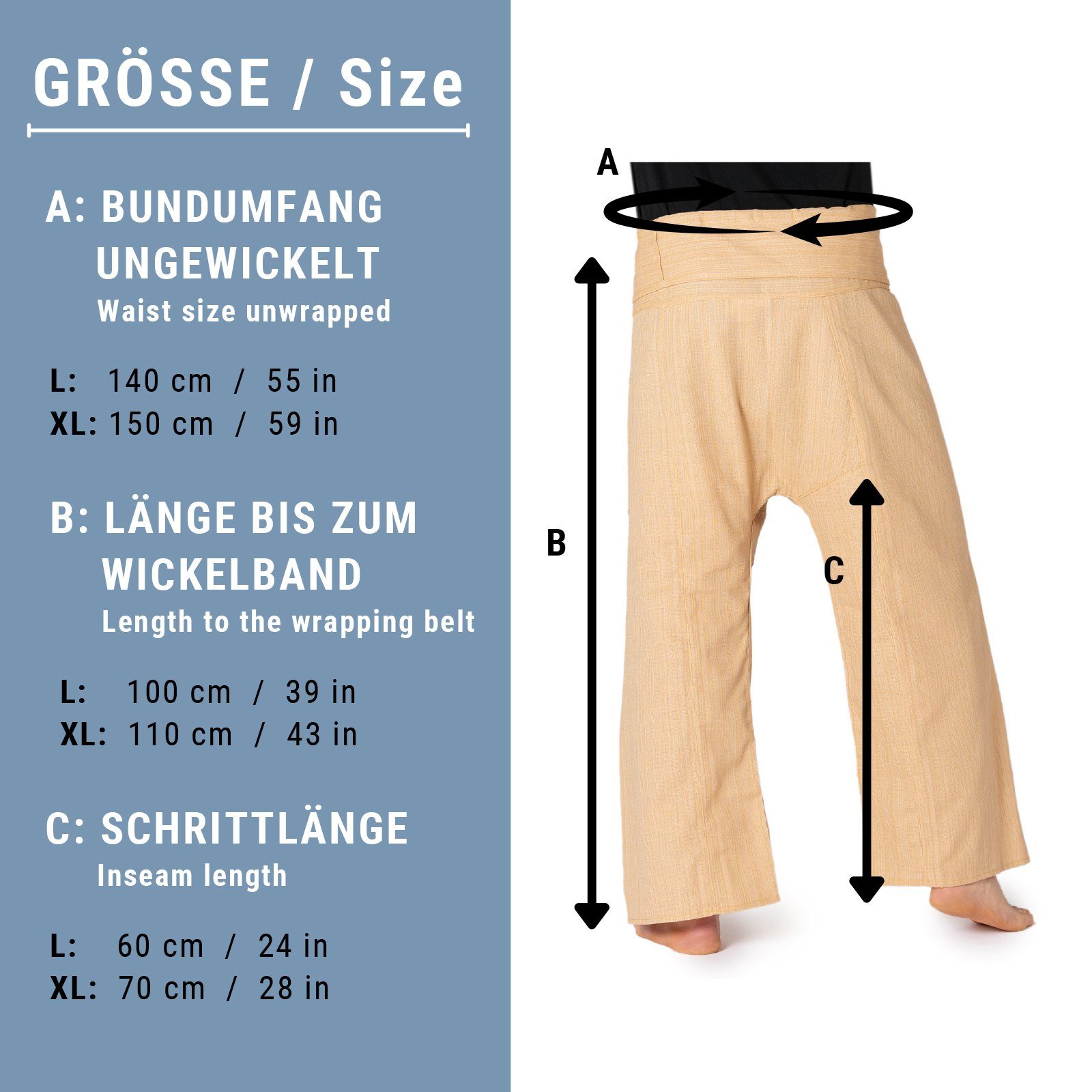 Wickelhose Fischerhose als fit bequeme Thai Freizeithose loose Baumwolle Lini Yogahose Beige PANASIAM Relaxhose aus Unisex Wellnesshose