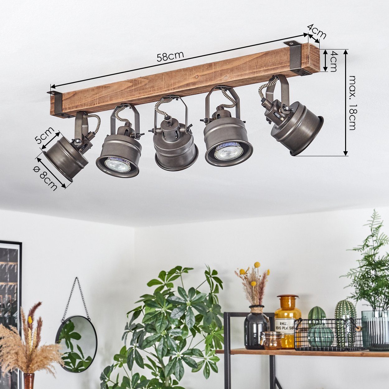 hofstein Deckenleuchte moderne Deckenlampe aus Holz/Metall in Braun/Schwarz, ohne Leuchtmittel, mit Holzbalken und verstellbaren Schirmen, 5x GU10 – Bild 4 von 5