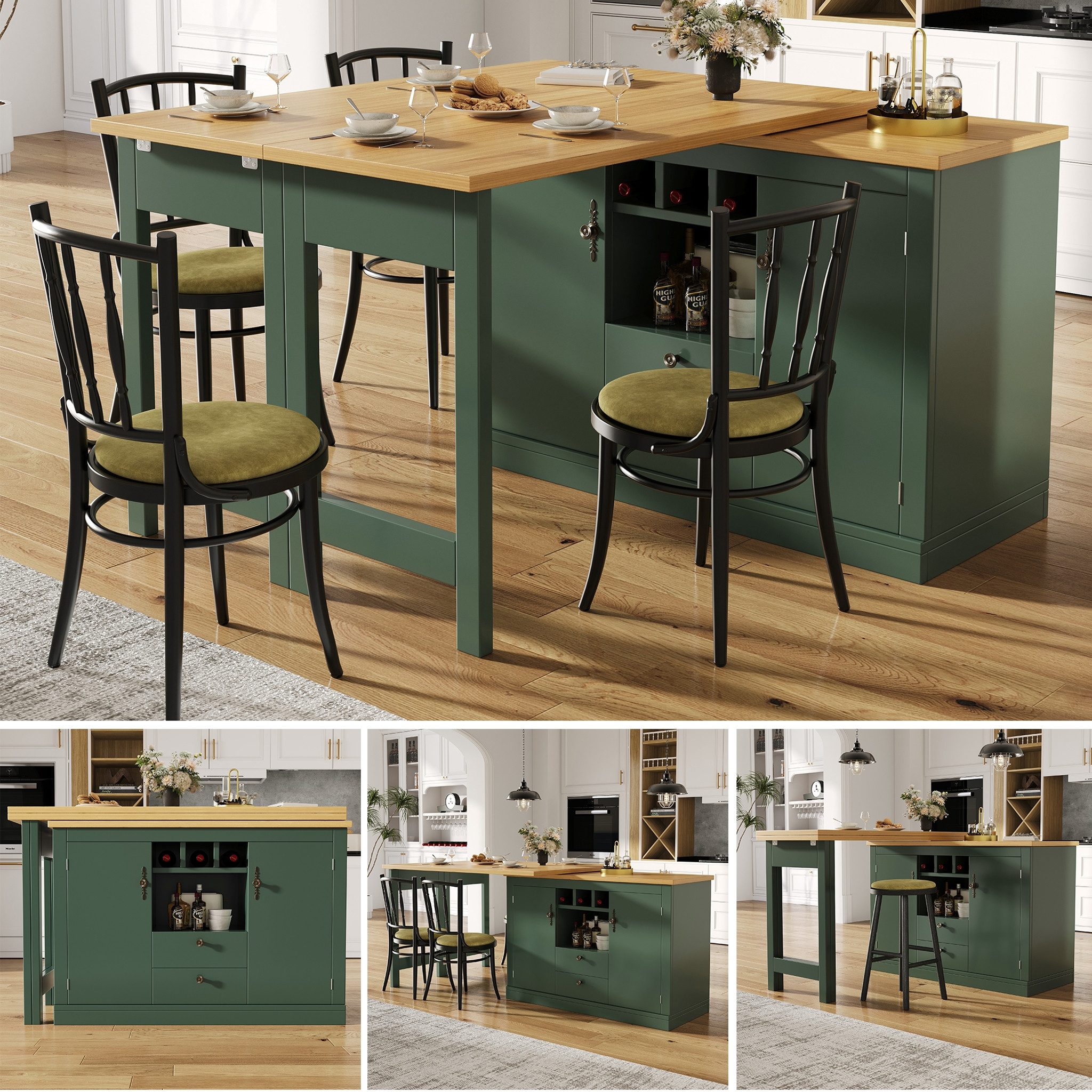 MC Star Bartisch Hochwertiger Ausziehbarer Bartisch mit 360° Drehfunktion und Stauraum (Längenverstellbar von 120-180cm, Wohnzimmer, Esszimmer, Homeoffice, Dunkelgrün ausziehbarer Design-Stehtisch)