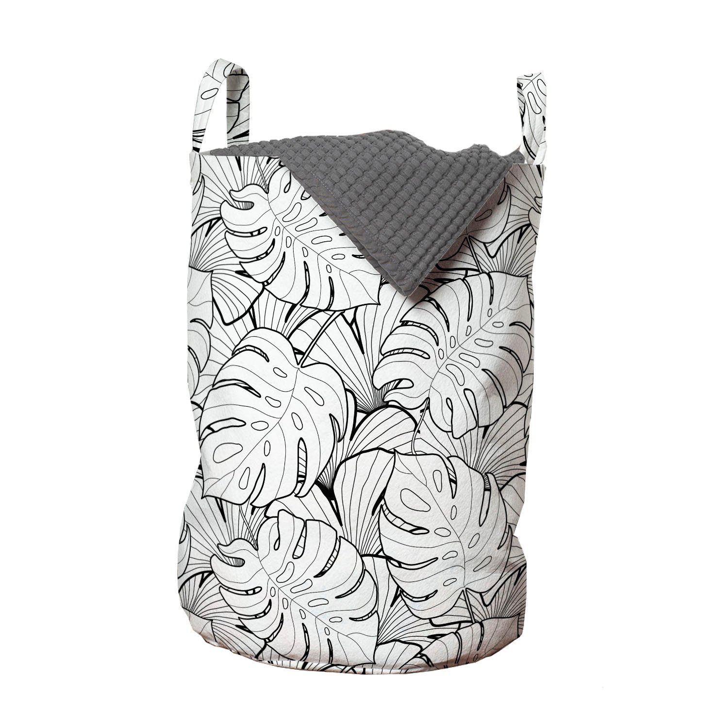 Abakuhaus Wäschesäckchen Wäschekorb mit Griffen Kordelzugverschluss für Waschsalons, Schwarz und weiß Palm Leafage
