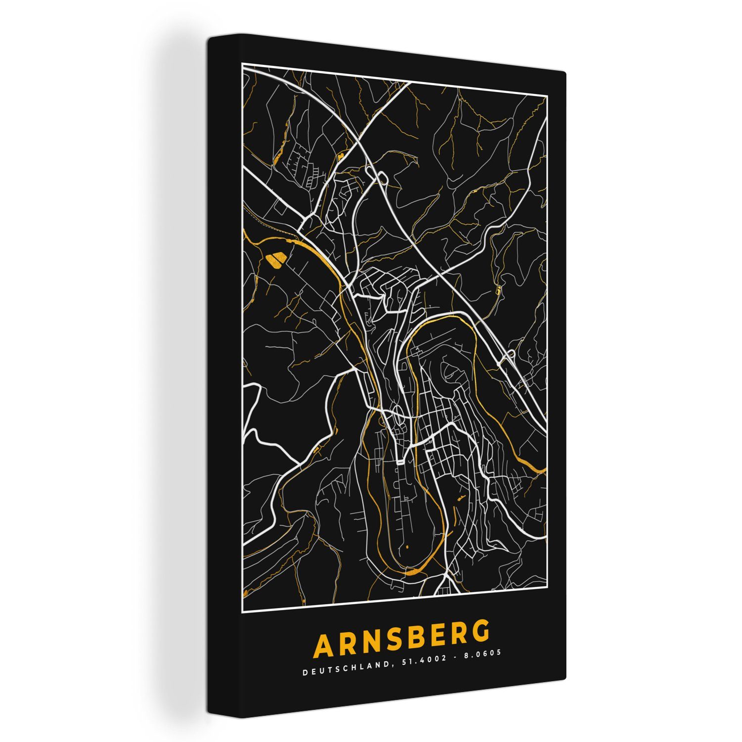 OneMillionCanvasses® Leinwandbild Arnsberg - Stadtplan - Gold - Karte - Deutschland, (1 St), Leinwandbild fertig bespannt inkl. Zackenaufhänger, Gemälde, 20x30 cm