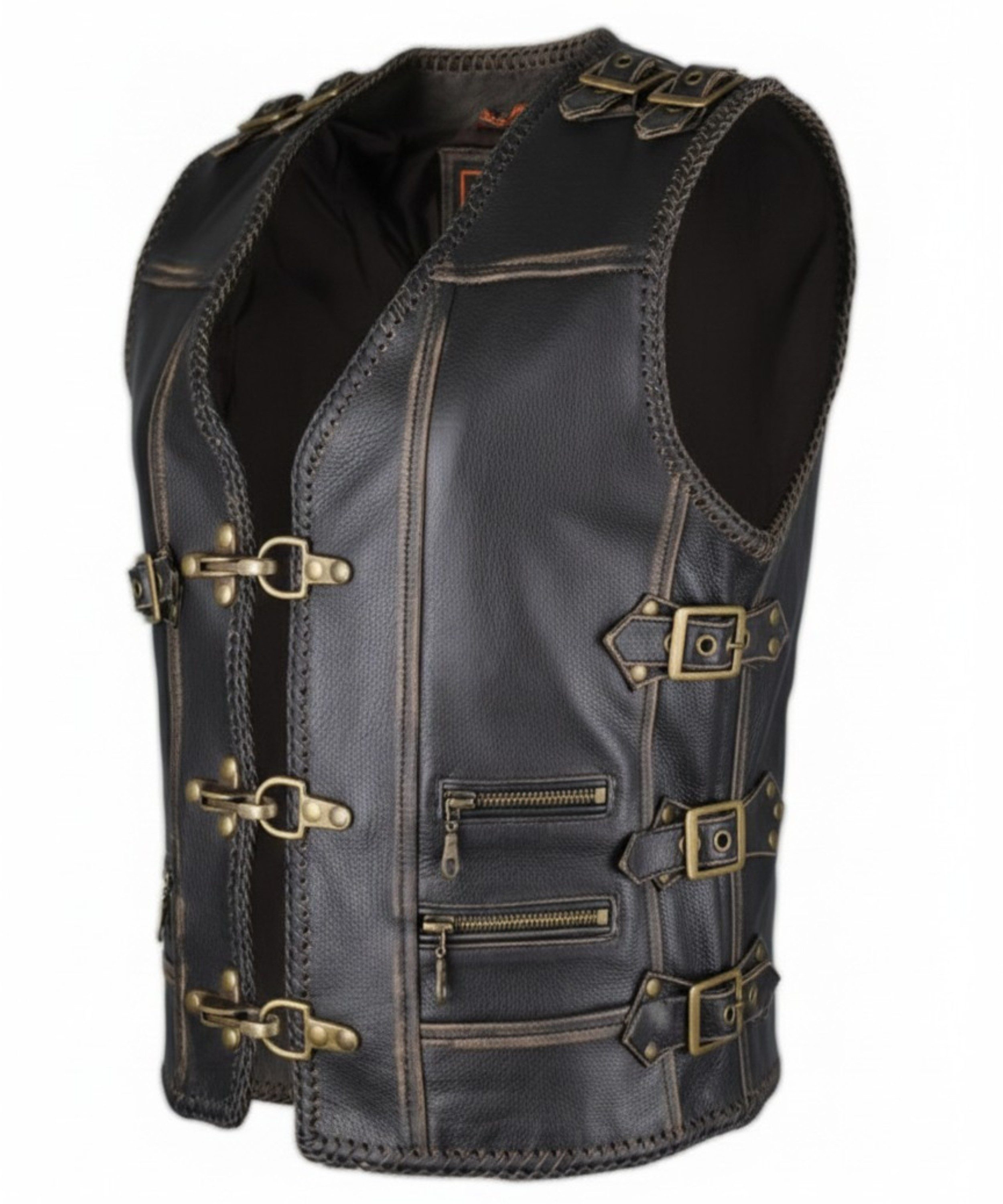MDM Lederweste Damen Biker Lederweste in Schwarz mit Messing Schnallen Taillierte Damen Lederkutte mit Messing-Schnallen