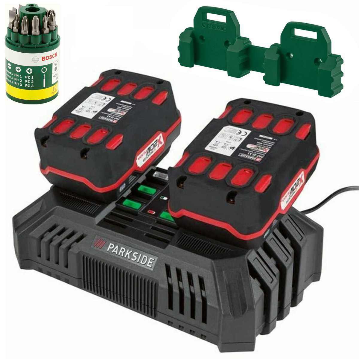 Parkside 30 Minuten Doppel Ladegerät PDSLG 20 mit 2 x Akku 4.0 Ah X 20 V Team Akku Starter-Set
