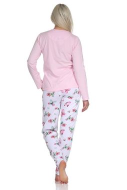 Normann Pyjama Damen Schlafanzug lang mit Pyjamahose in floralem Schmetterlings Look