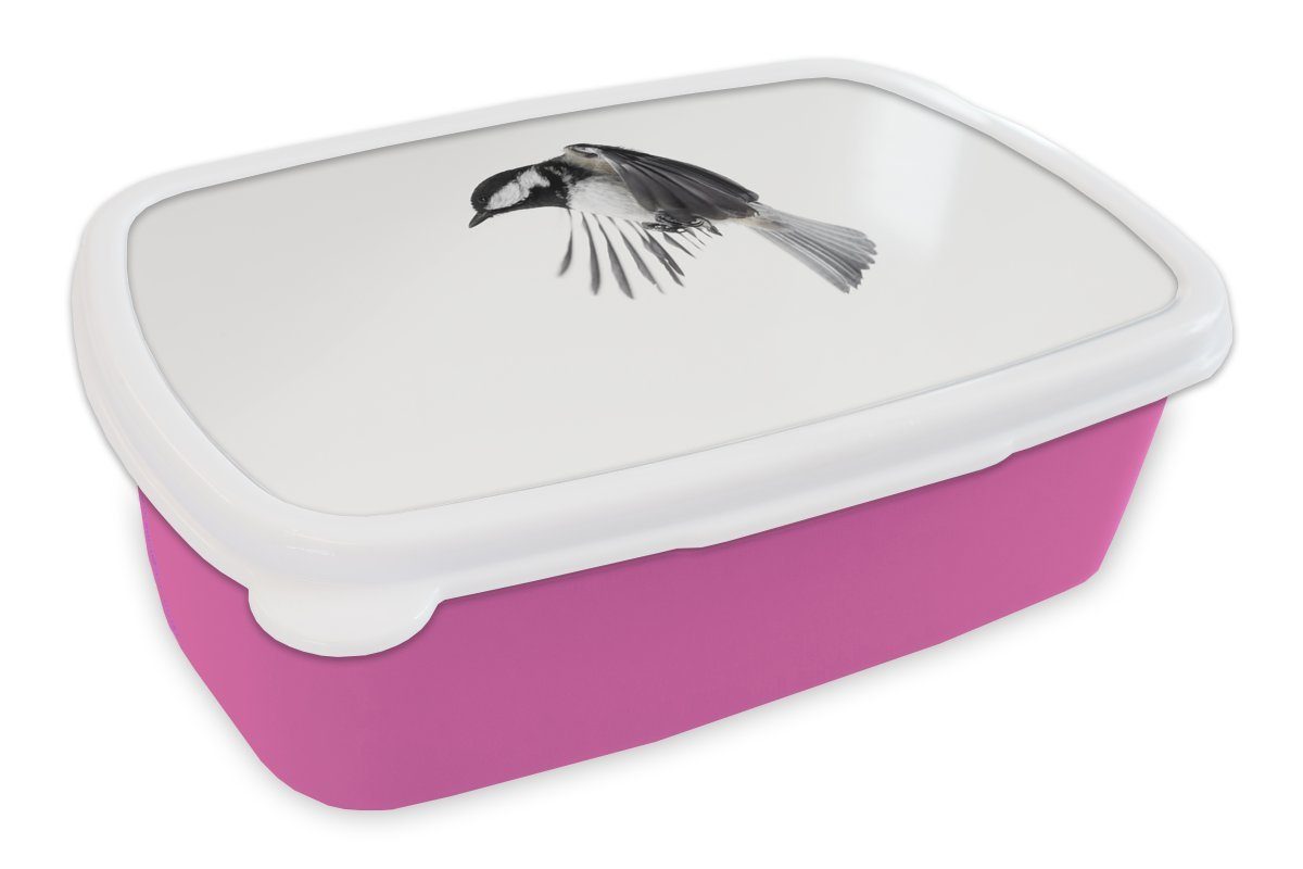 MuchoWow Lunchbox Vogel - Federn - Schwarz - Weiß, Kunststoff, (2-tlg), Brotbox für Erwachsene, Brotdose Kinder, Snackbox, Mädchen, Kunststoff rosa