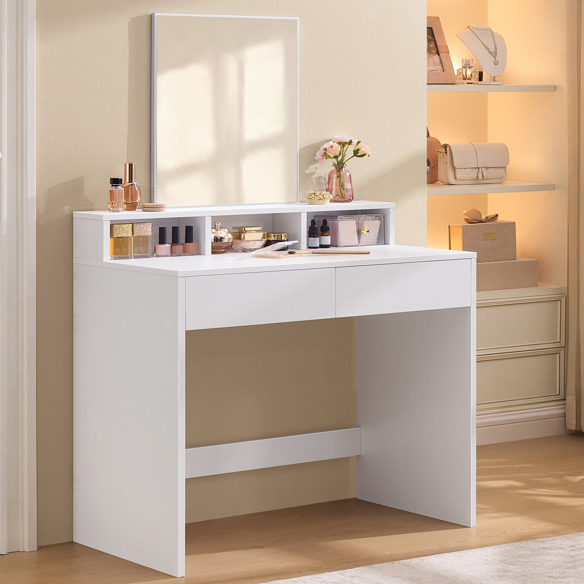 VASAGLE Schminktisch, großem Spiegel, 2 Schubladen, 3 offene Fächer, Modern günstig online kaufen